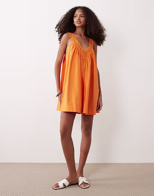 v-neck smock poplin mini sundress with lace overlay in orange