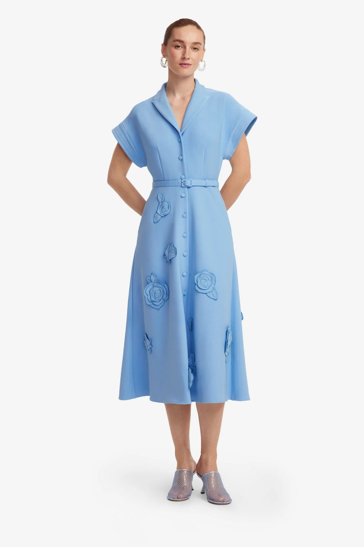 Aubrey Appliqué Shirt Midi Dress - Pastel Blue