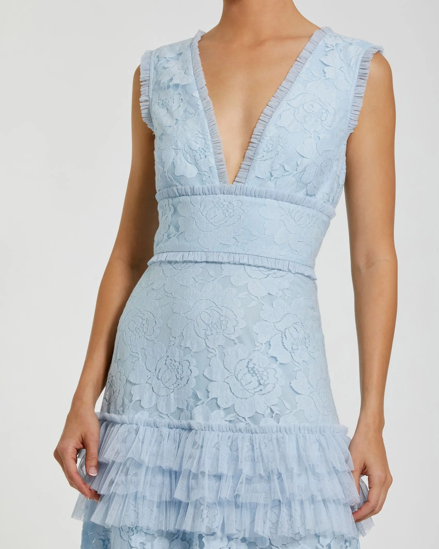 Blue V Neck Lace Tiered Ruffle Gown