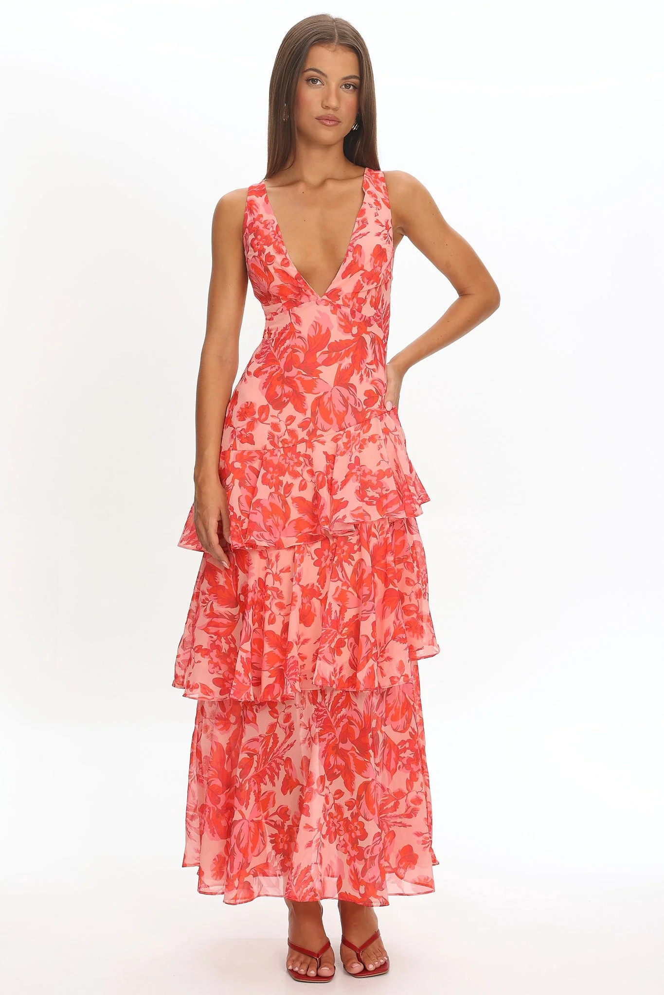 Veda Strappy Back Ruffle Midi Dress Floral Red - elegeleges