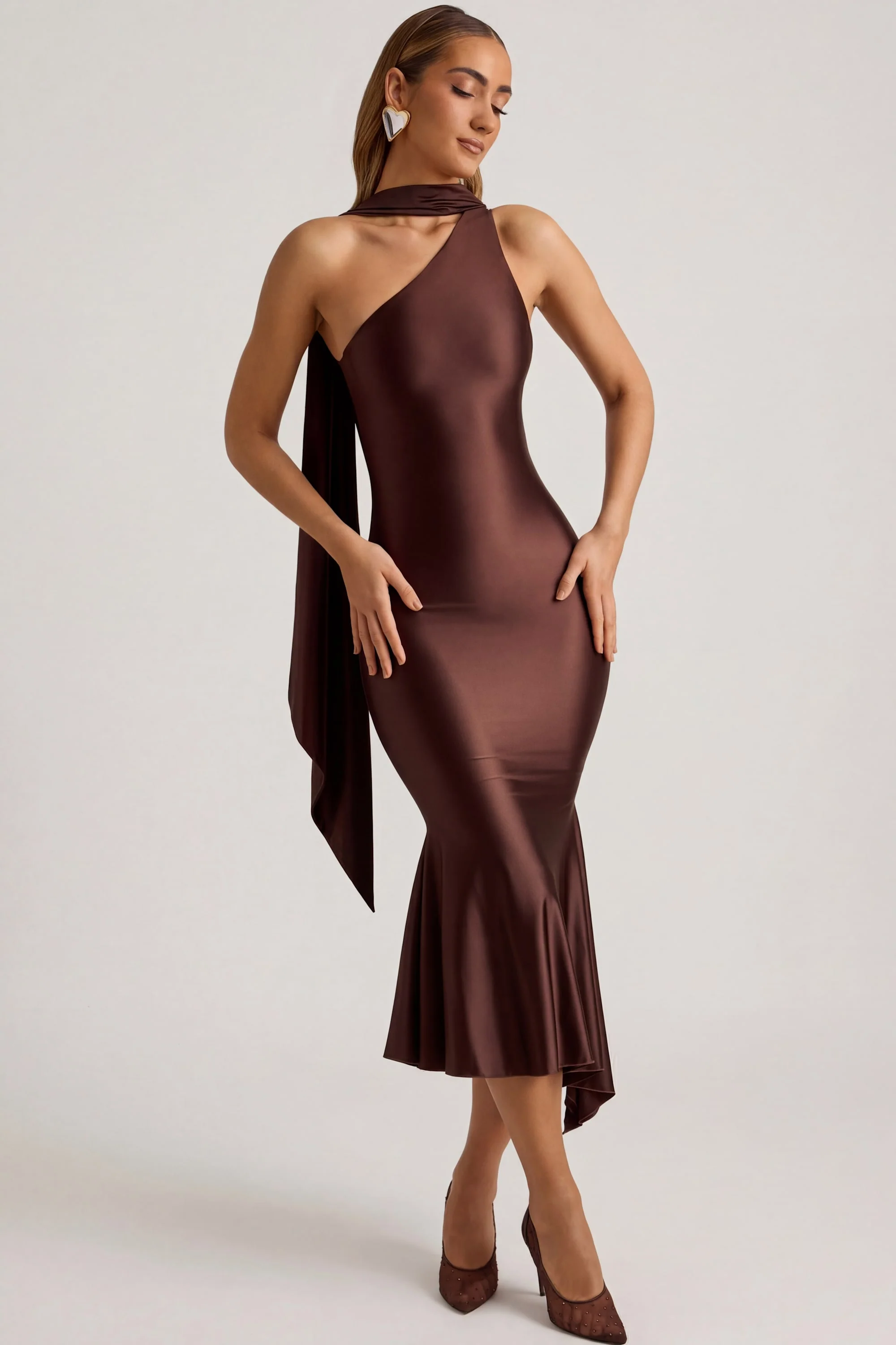 Asymmetric Scarf-Detail Midaxi Dress in Chocolate Brown