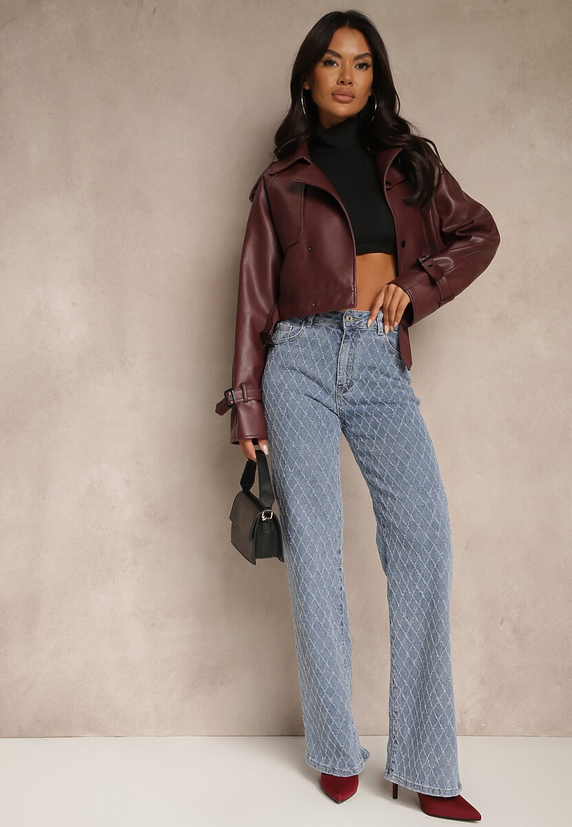Niebieskie Jeansy z Bawełny High Waist o Szerokim Kroju w Romby Tuvielle