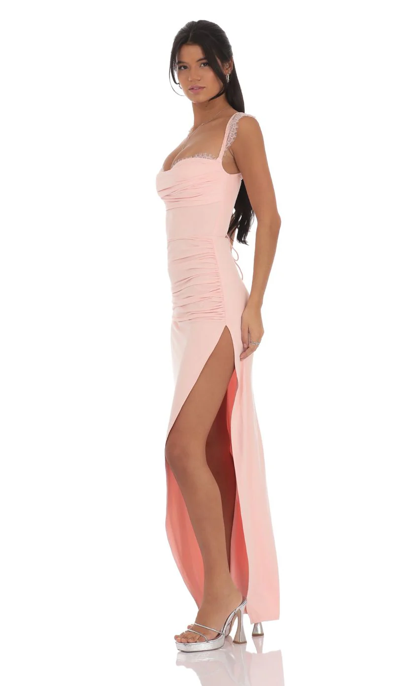 Suede Draped Lace Maxi Dress in Pink - luluinthesky