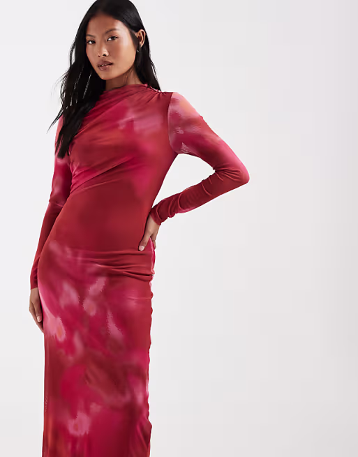Vero Moda Petite long sleeve drapey mesh maxi dress in pink and orange marble print