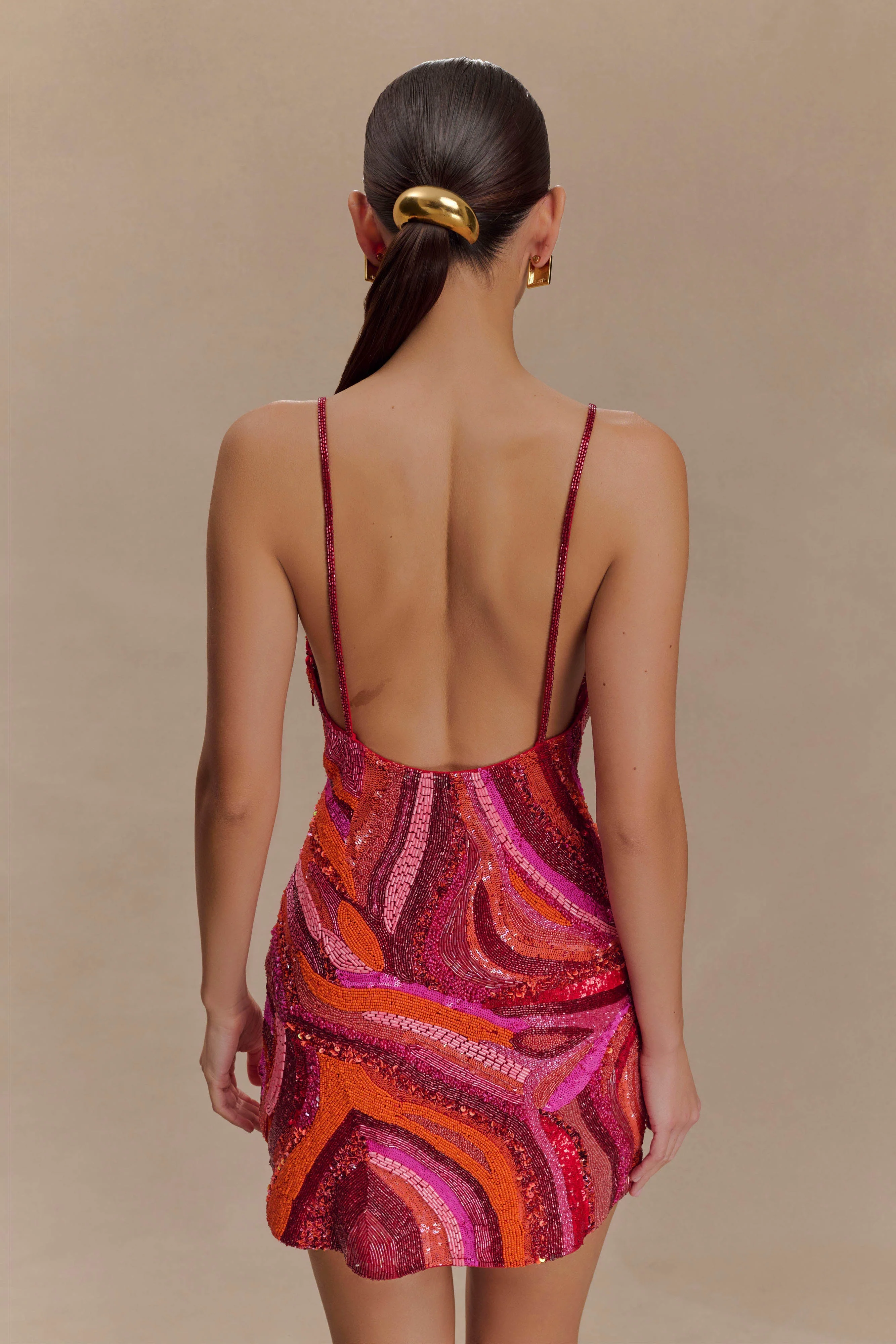 Eloise Hand Beaded Mini Dress - Pink Swirl Print