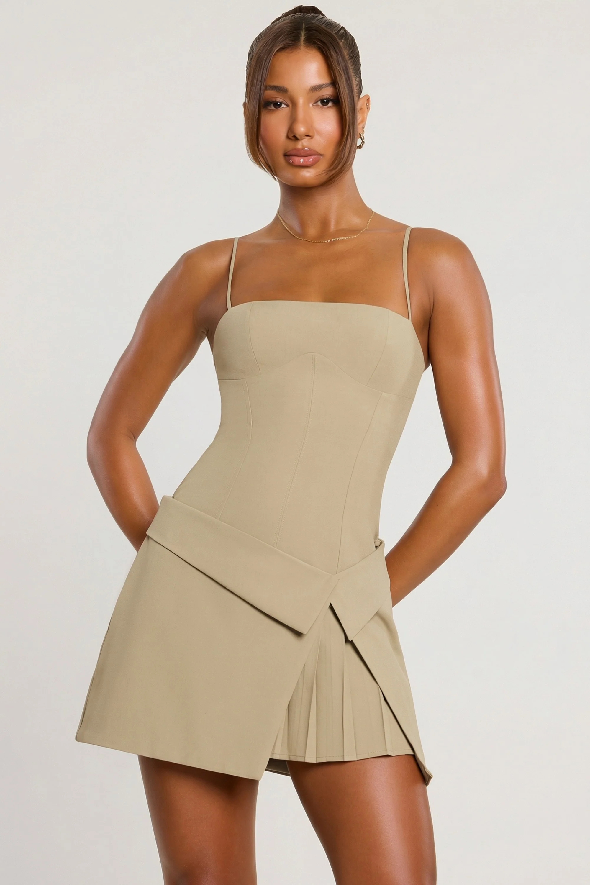 Woven Twill Wrap Over Pleated Mini Dress in Taupe