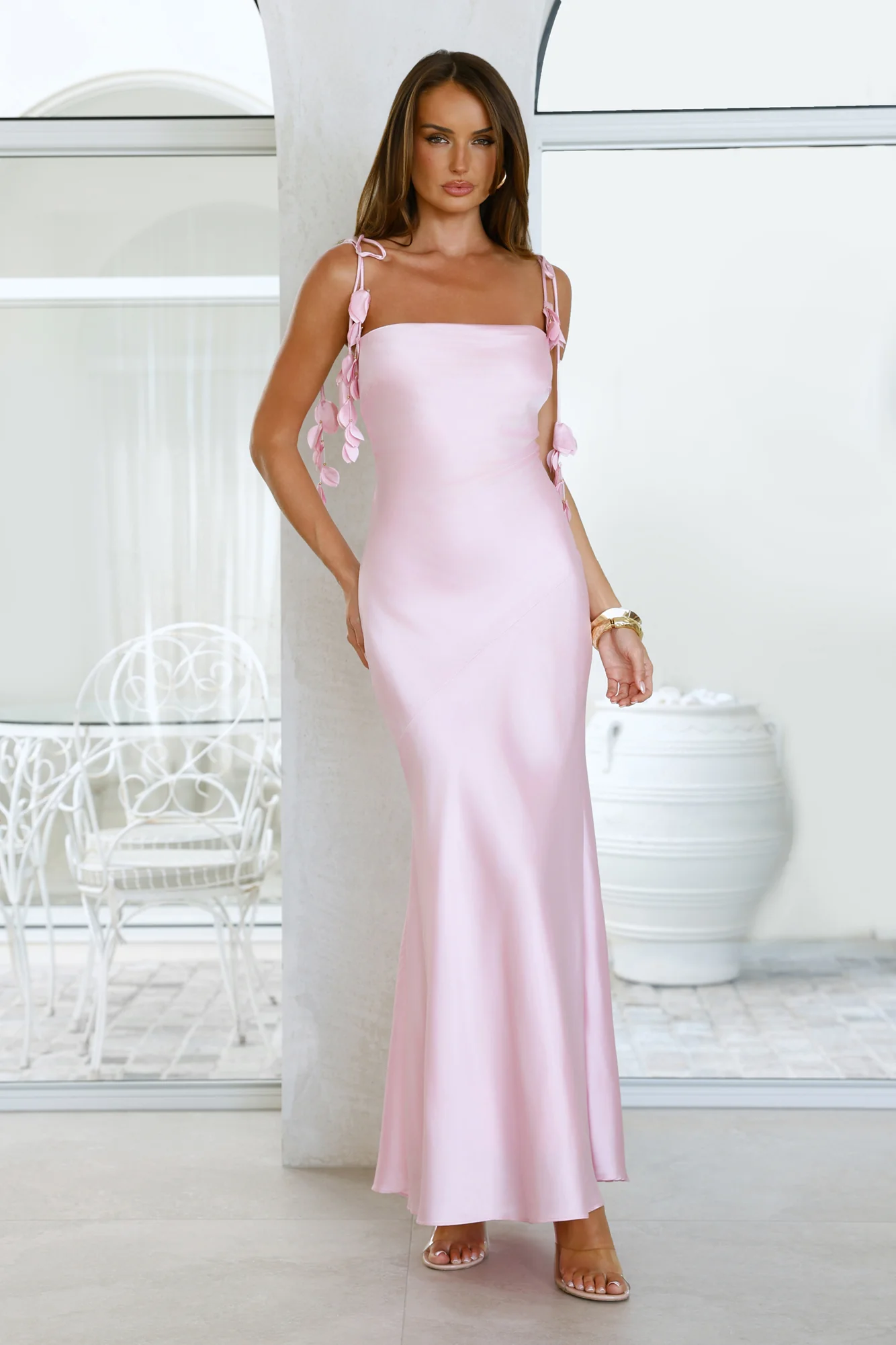 Drifted In Sunlight Satin Maxi Dress Pink