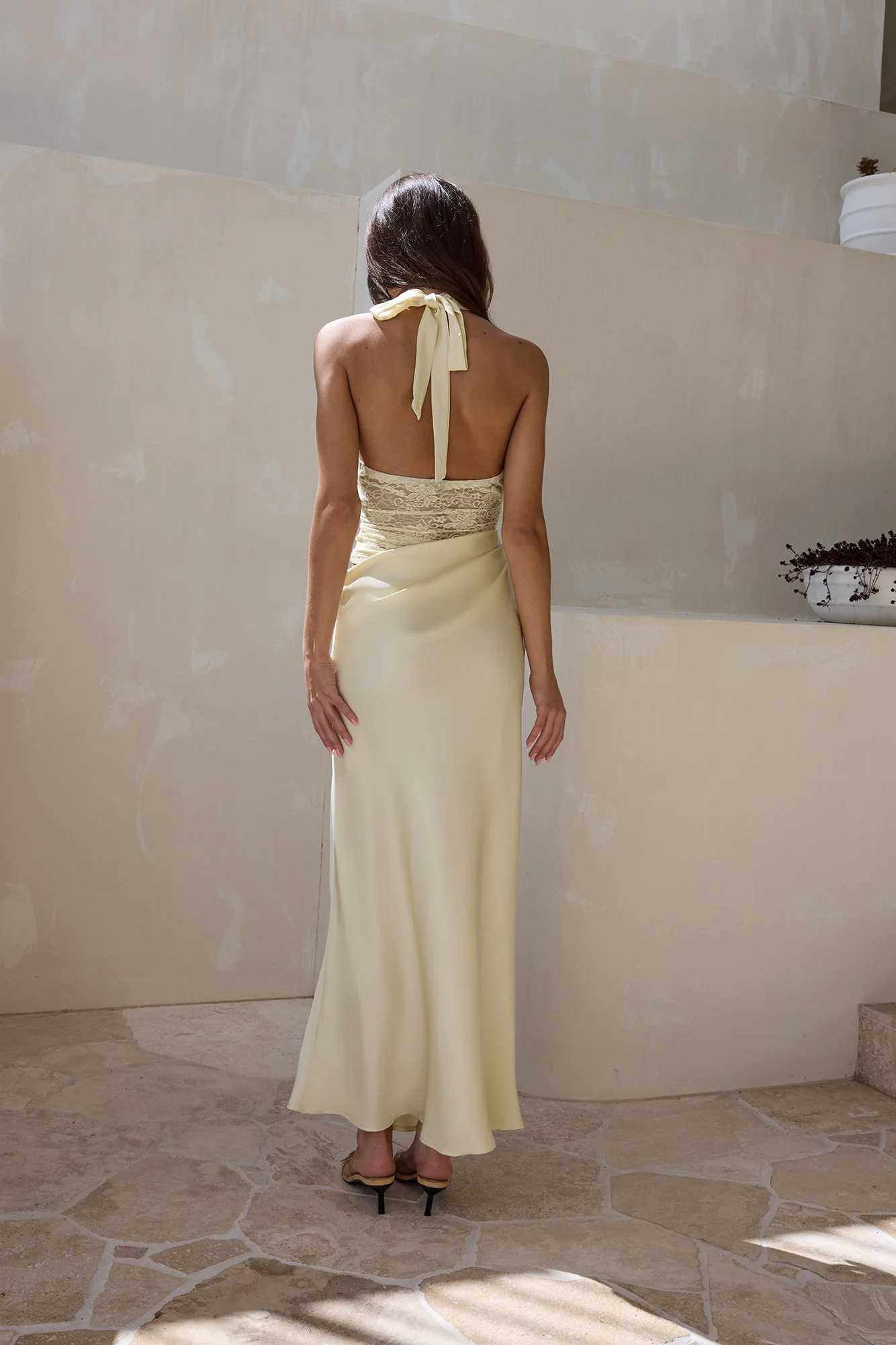 Call Me Yours Lace Halter Satin Maxi Dress Lemon