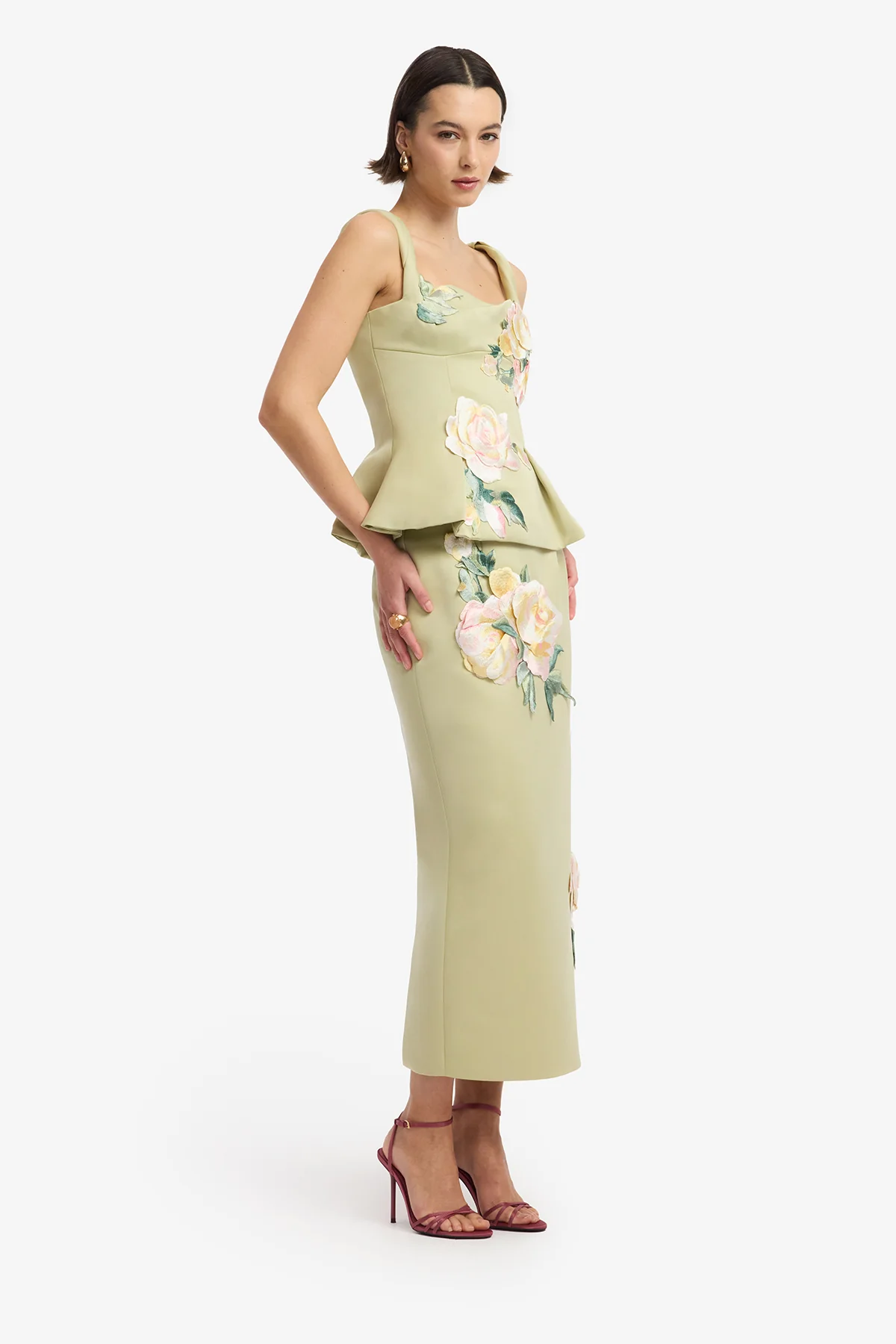 Quinn Embroidered Midi Skirt - Pistachio Rose Print