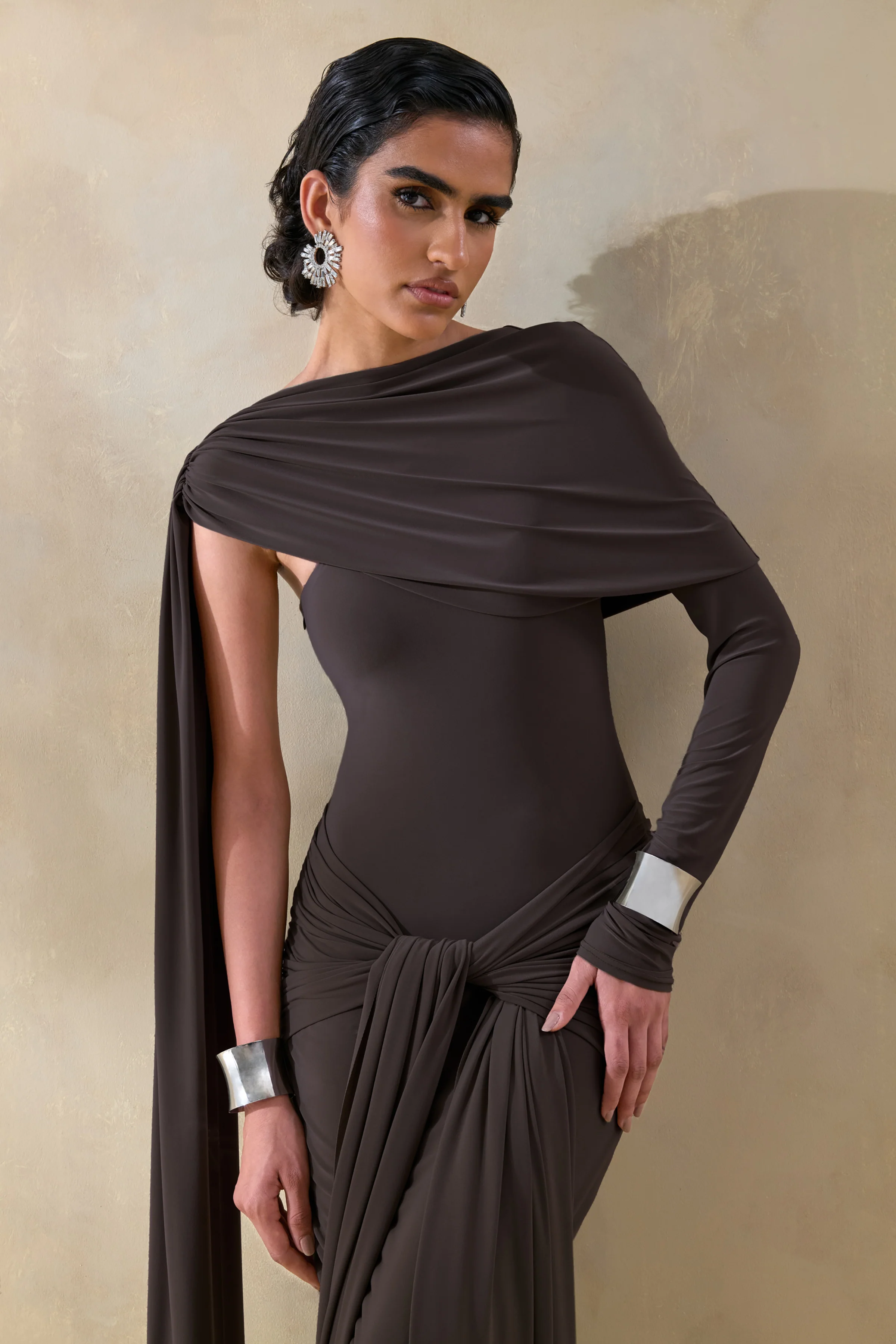 Trisara | Brown Asymmetric-Neck Maxi Dress With Gathered-Detailing And Sash