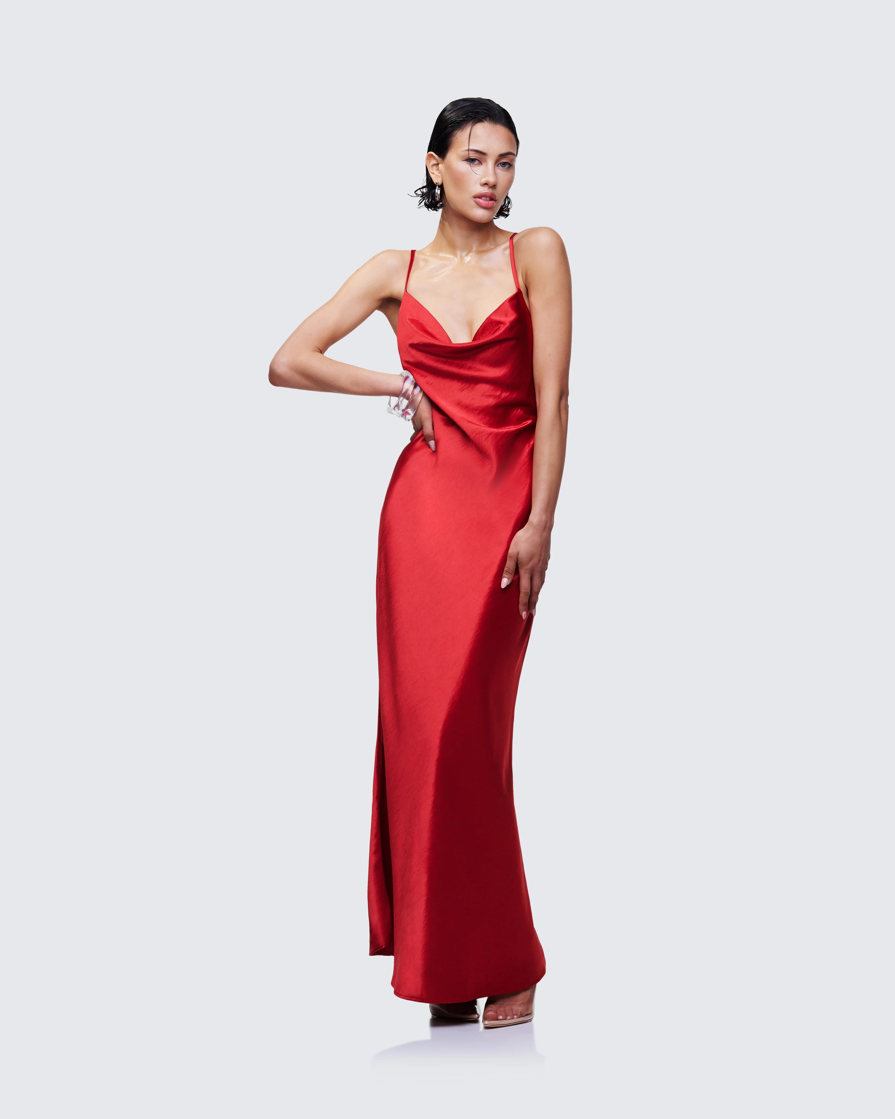 Elspeth Red Satin Bias Slip Maxi Dress