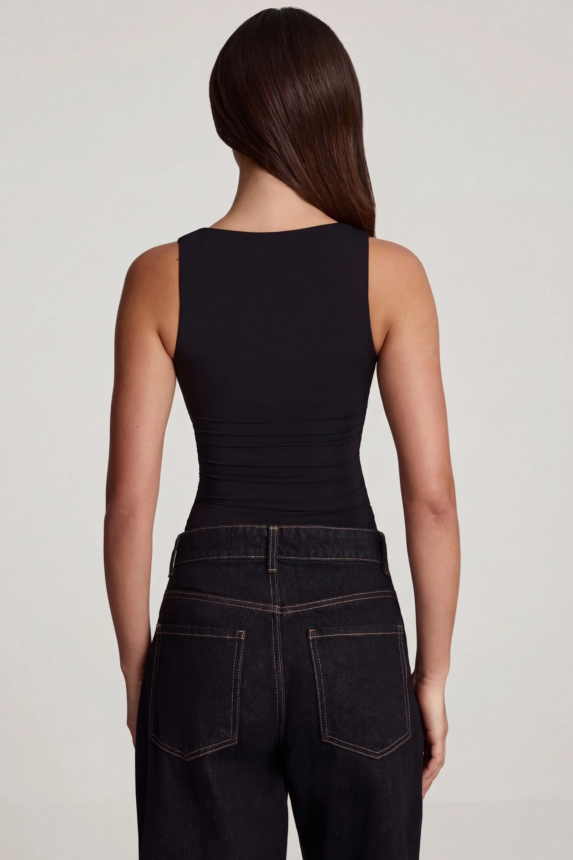 Soft Jersey Square-Neck Ruched Top in Black