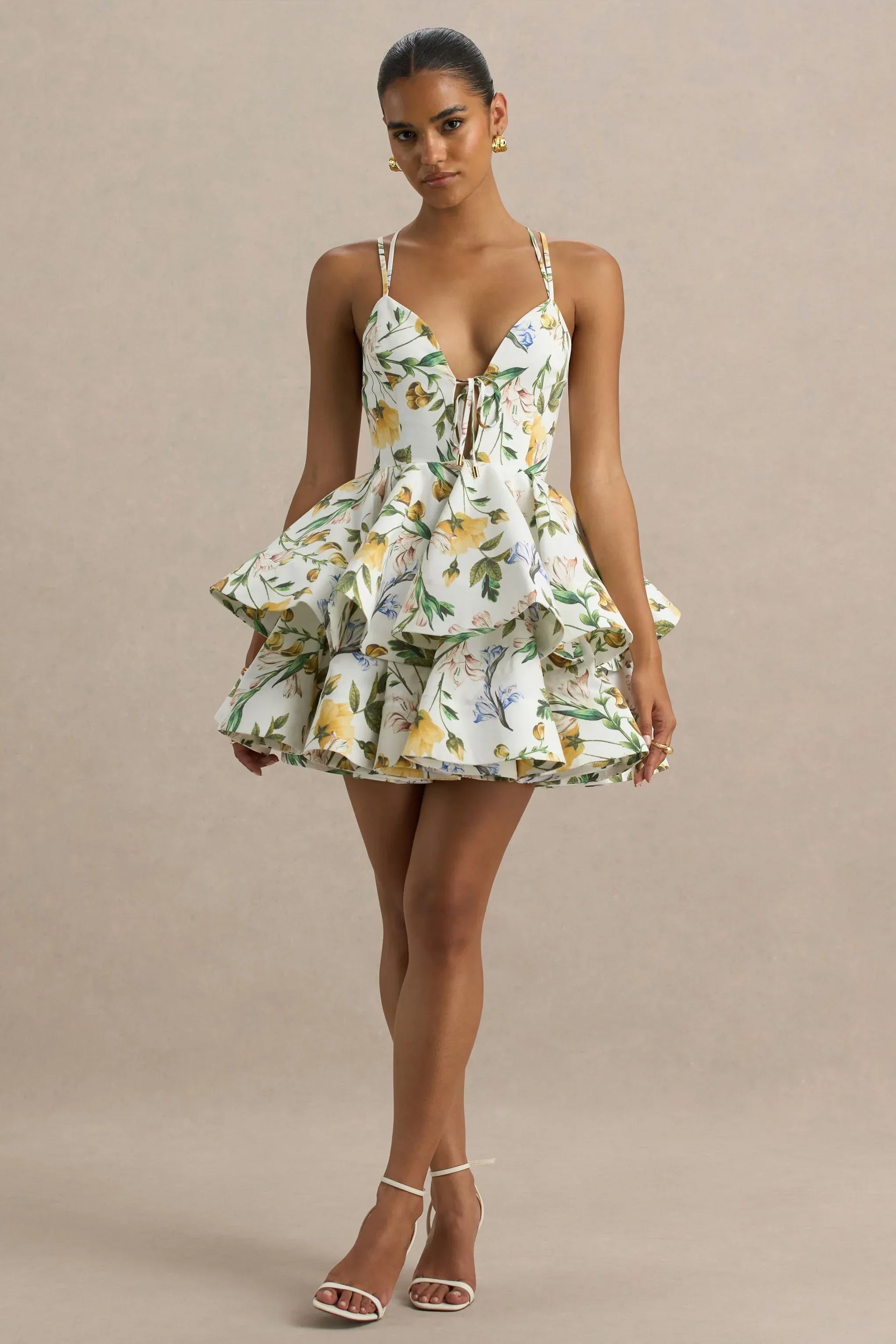 Flavia | White Botanical Print Plunge-Neck Ruffled Skater Micro-Mini Dress