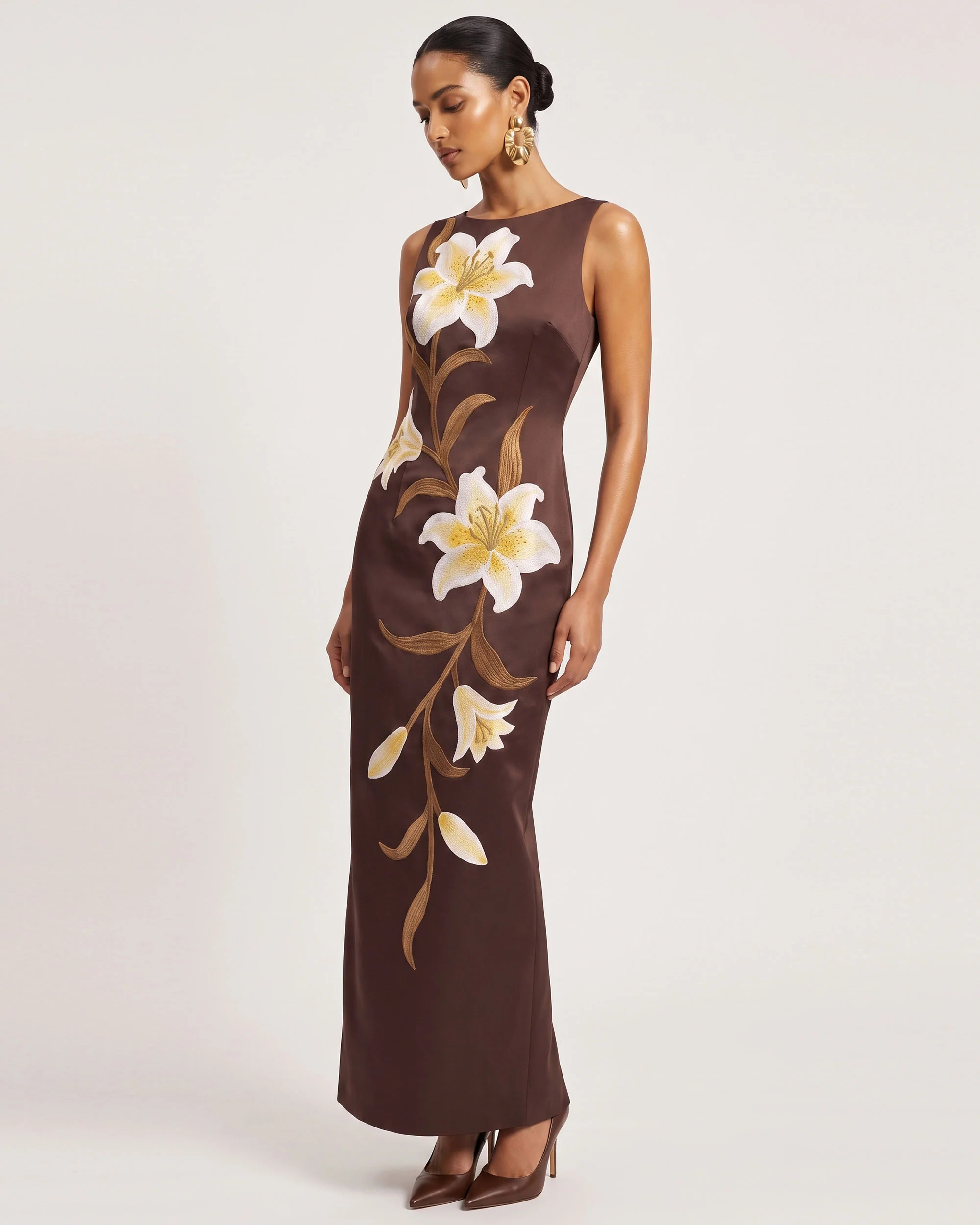 Lily Floral Print Sleeveless Column Maxi Dress - Brown - FASHION NOB
