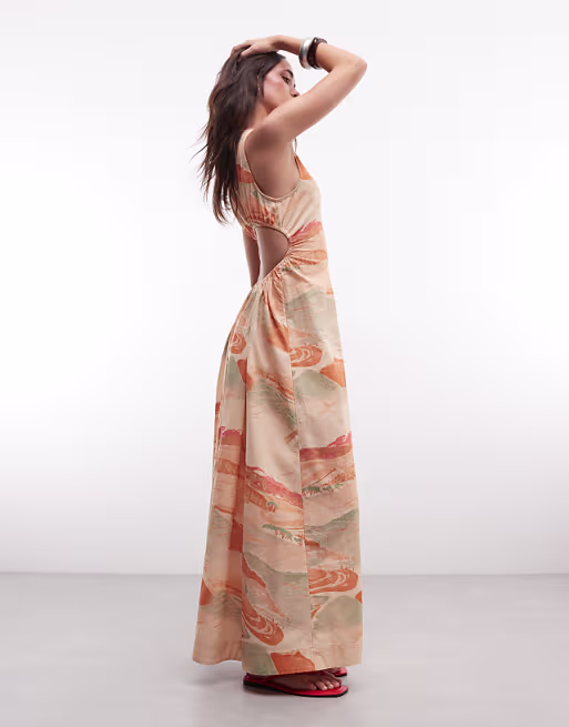 waisted cotton midaxi dress in sunset print