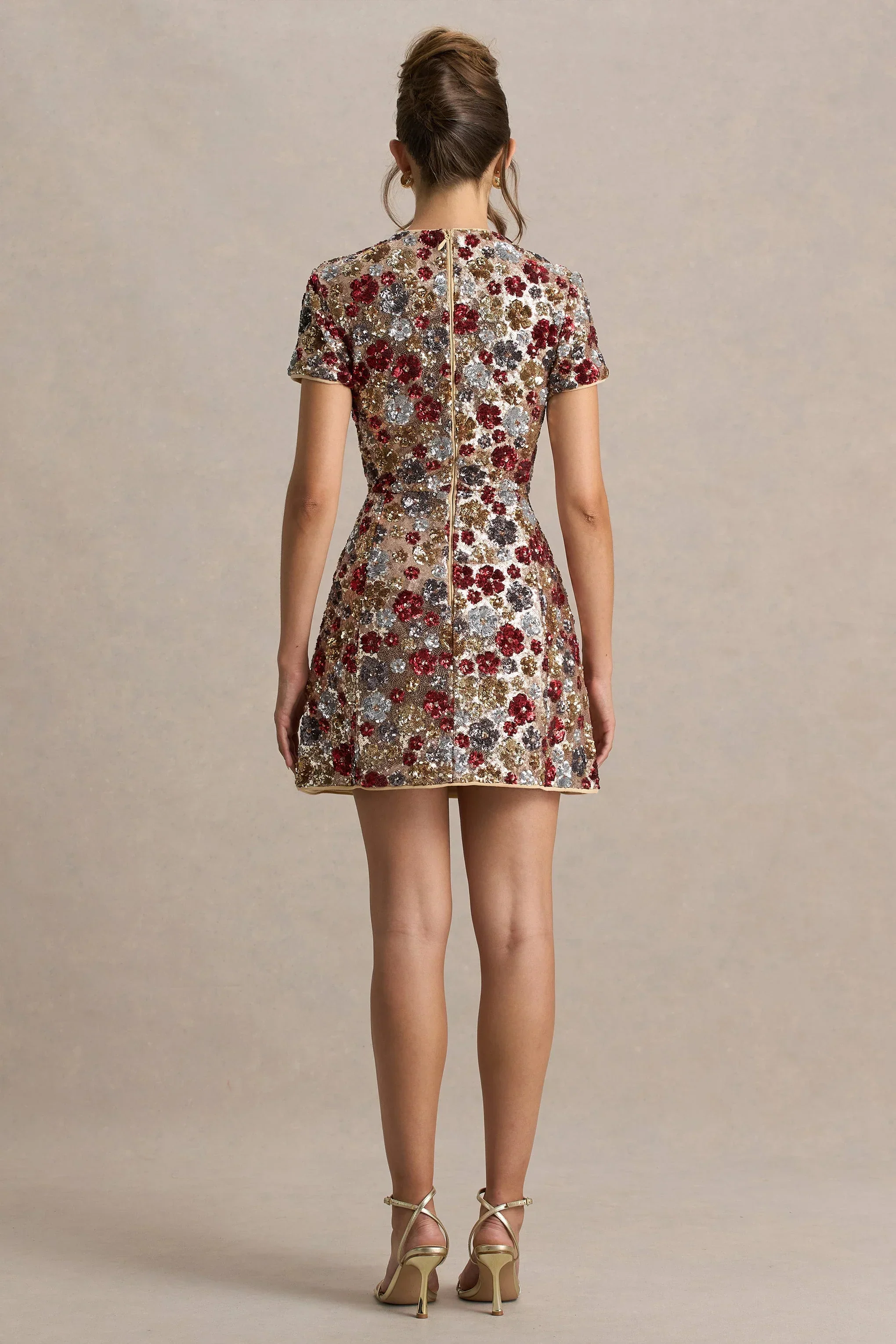 Eira | Red Floral Embellished Sequin Crew-Neck Mini Dress