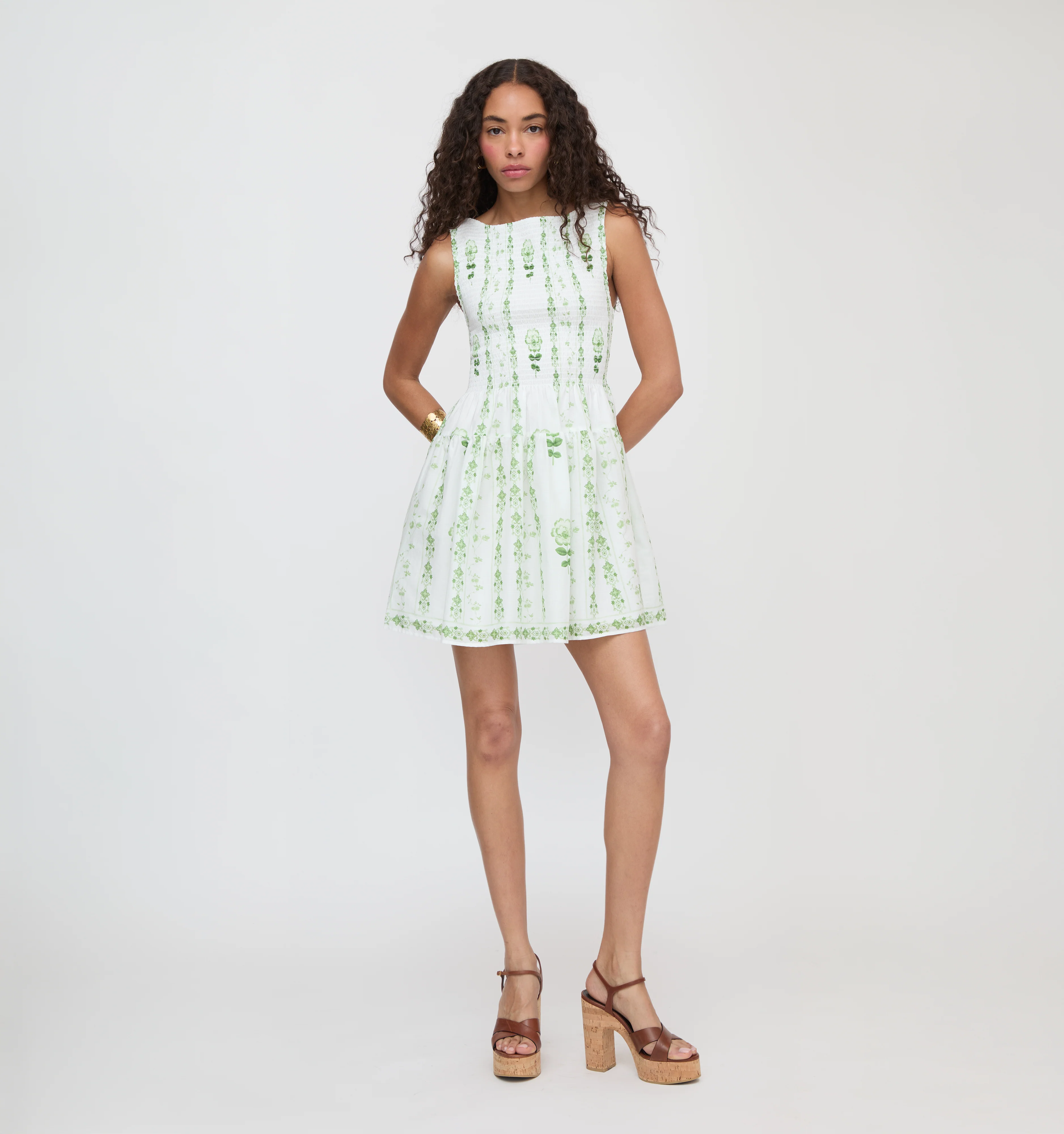 The Cosima Mini Nap Dress - White/Green Arcadia Border