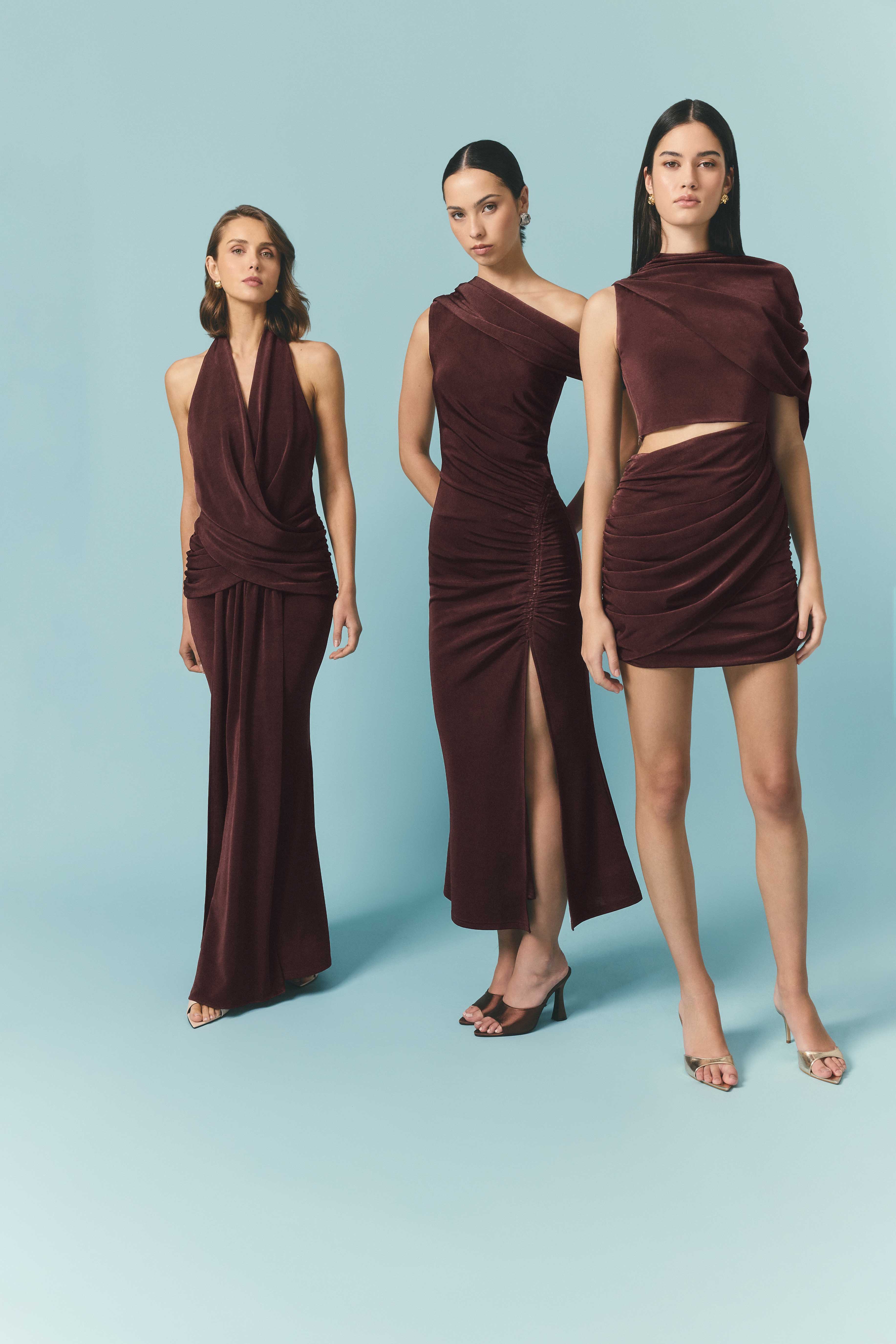 Simone Cowl Neck Gown in Chocolate Brown