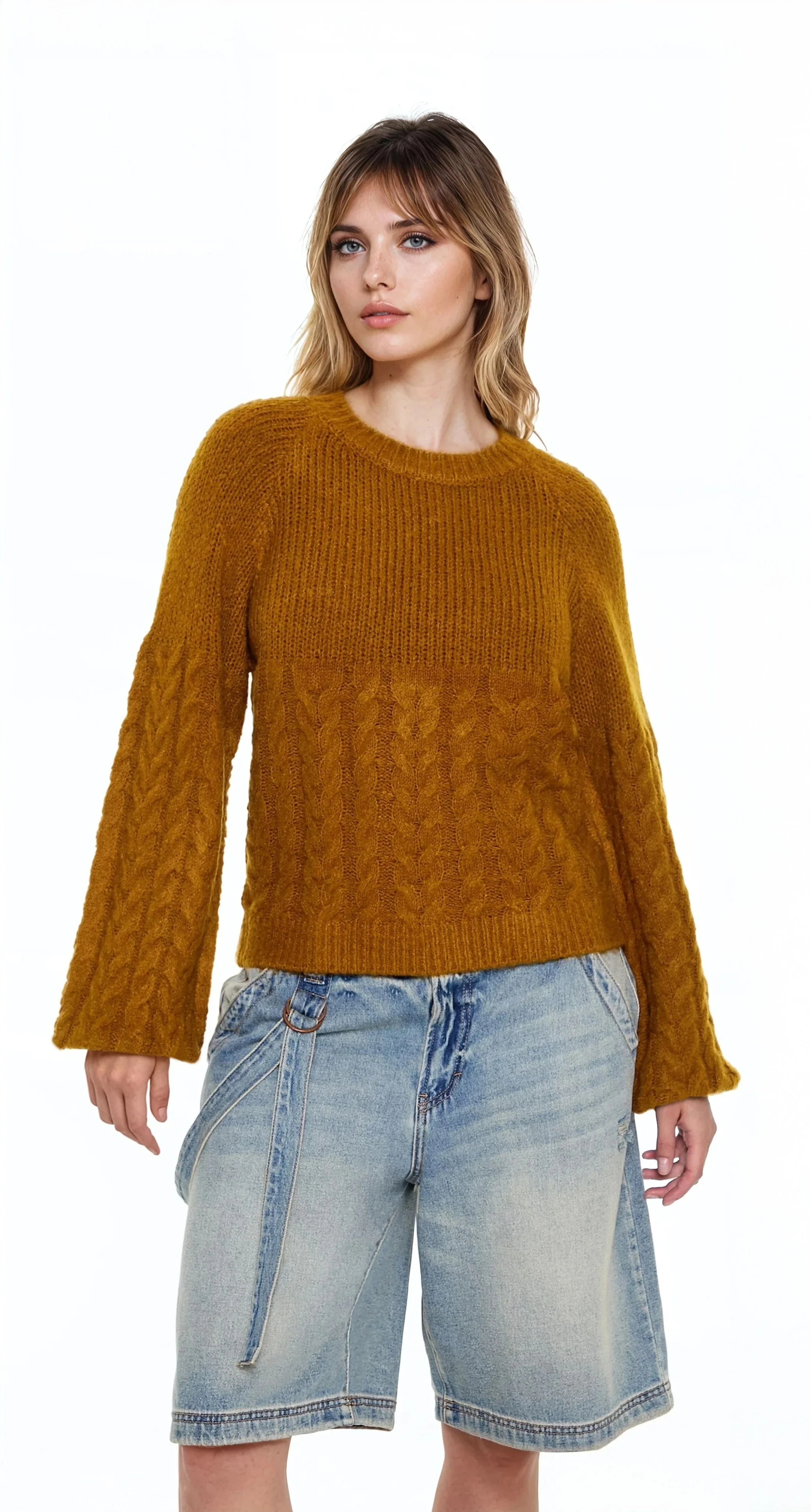 Peasant-Sleeve Cable Knit Sweater