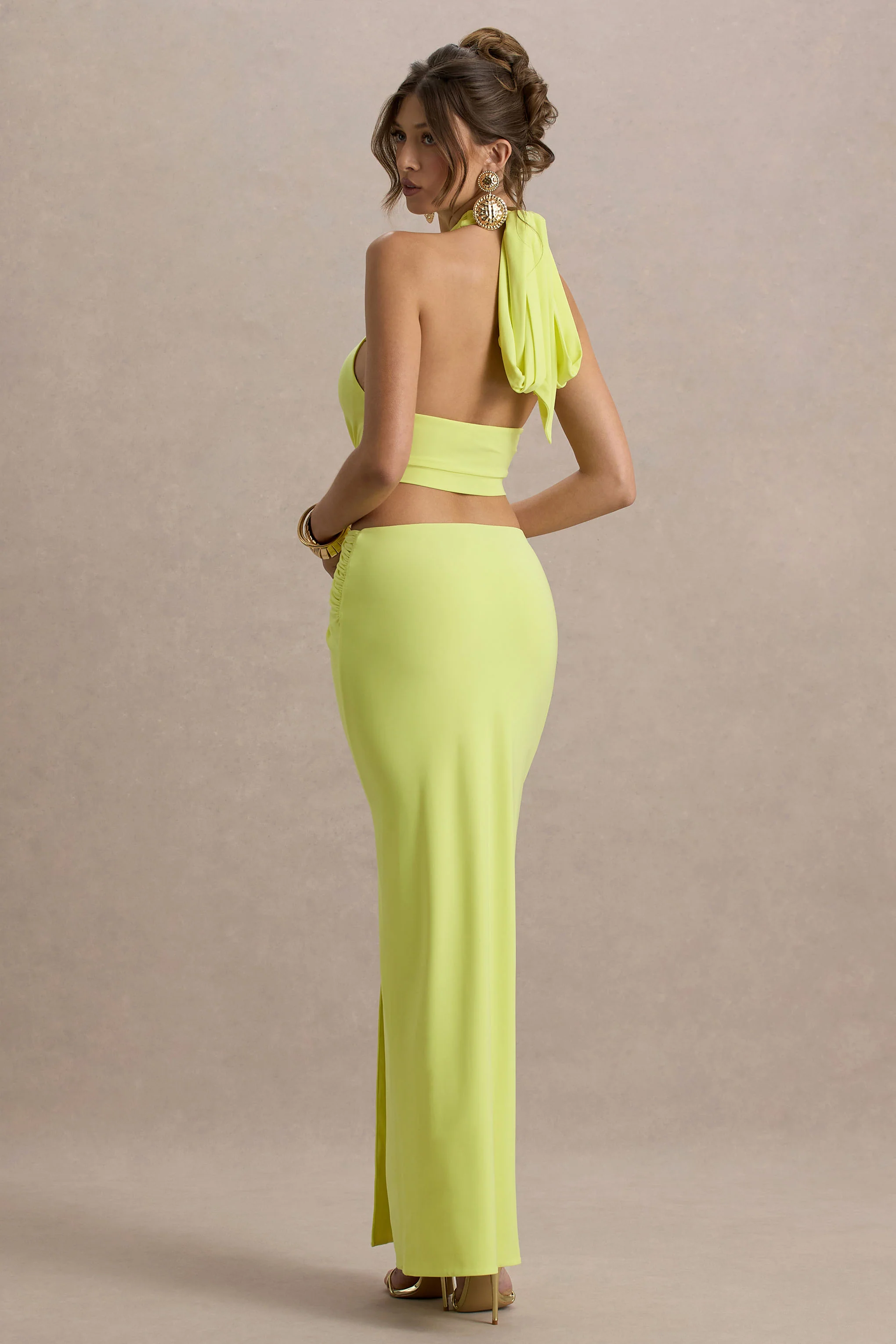 Aura | Lime Green Halter-Neck Cut-Out Split Maxi Dress