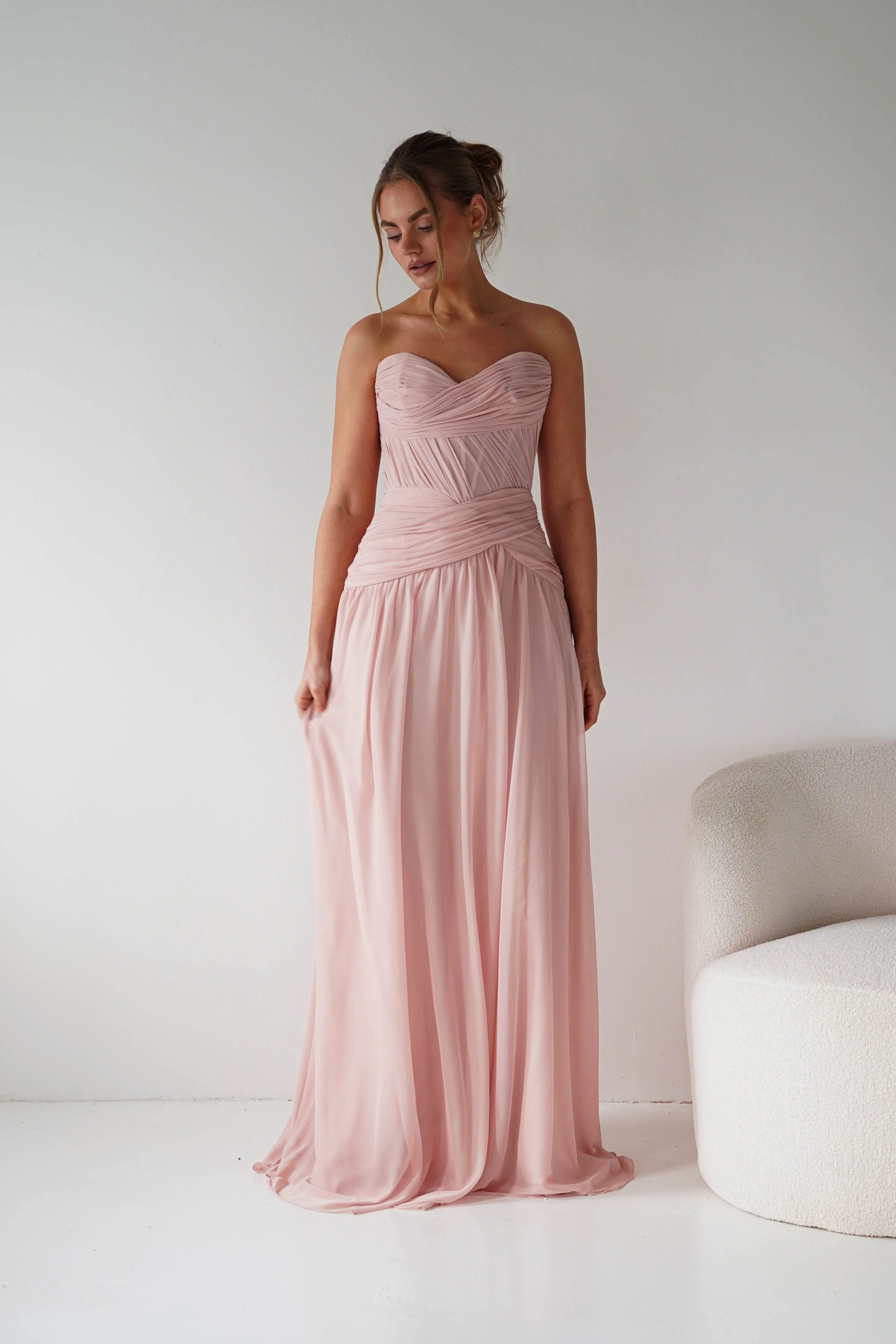 Nicolette Strapless Chiffon Maxi Gown | Blush