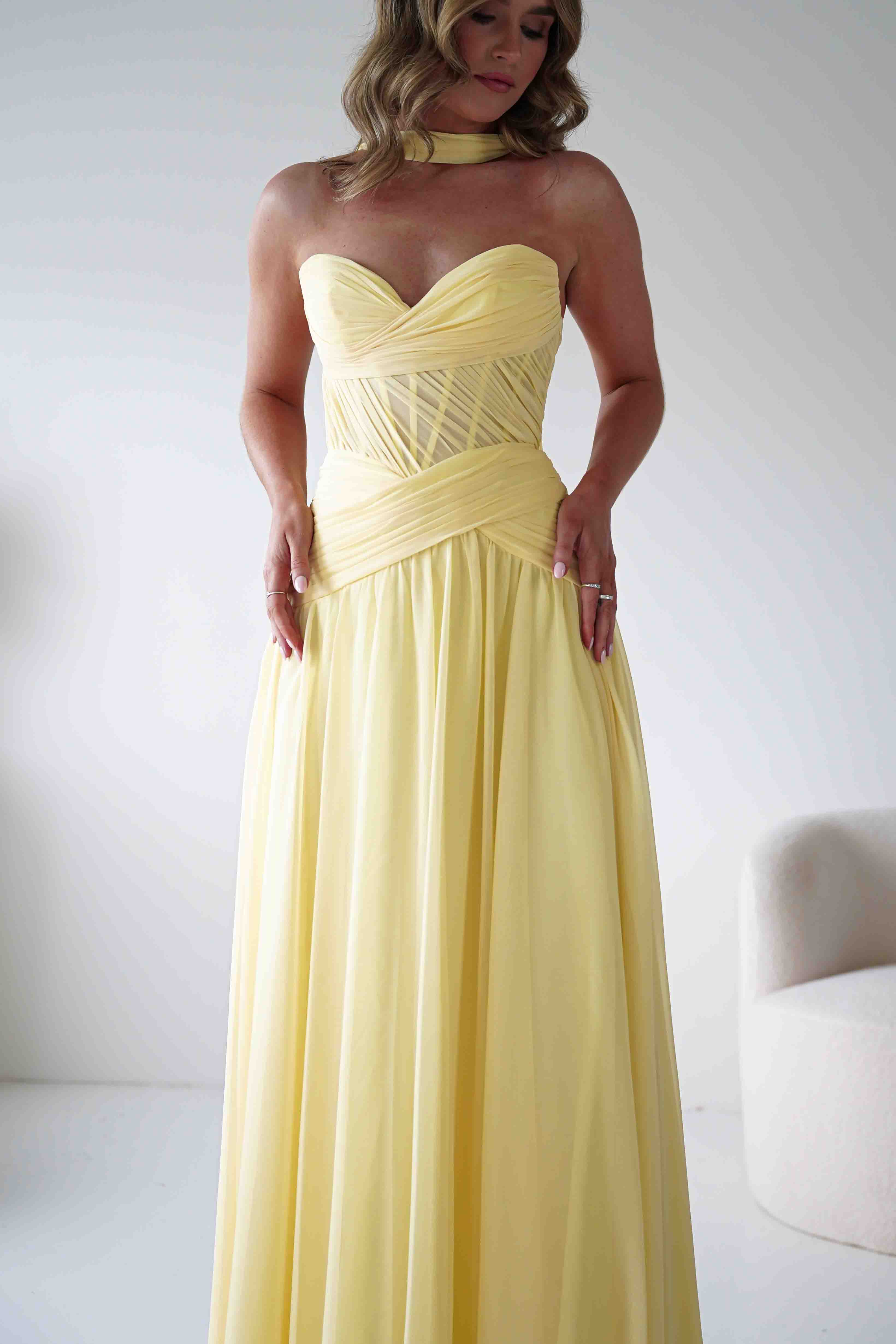 Nicolette Strapless Chiffon Maxi Gown | Yellow