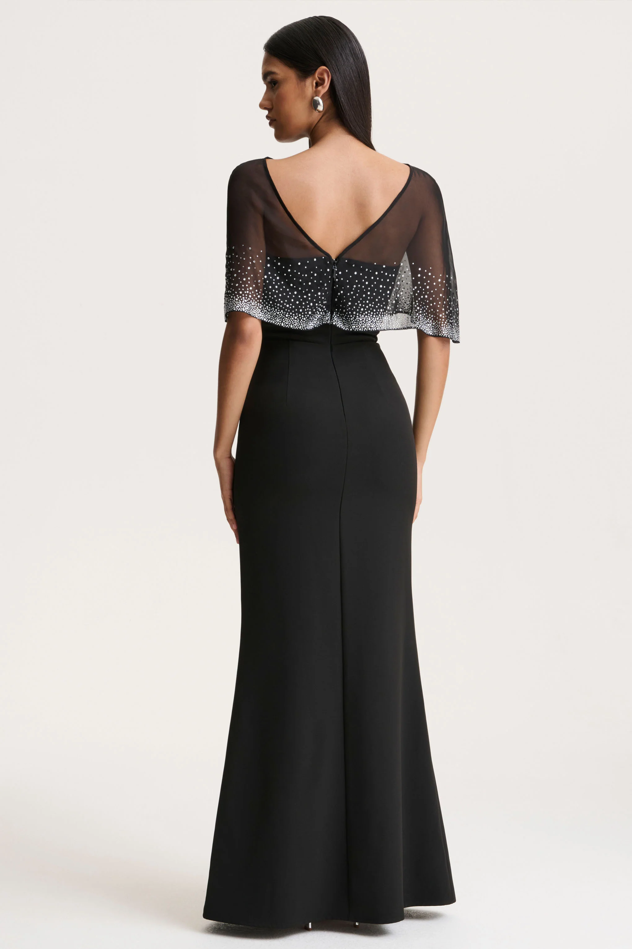 Everly | Black Hand-Embellished Cape-Sleeve Maxi Dress