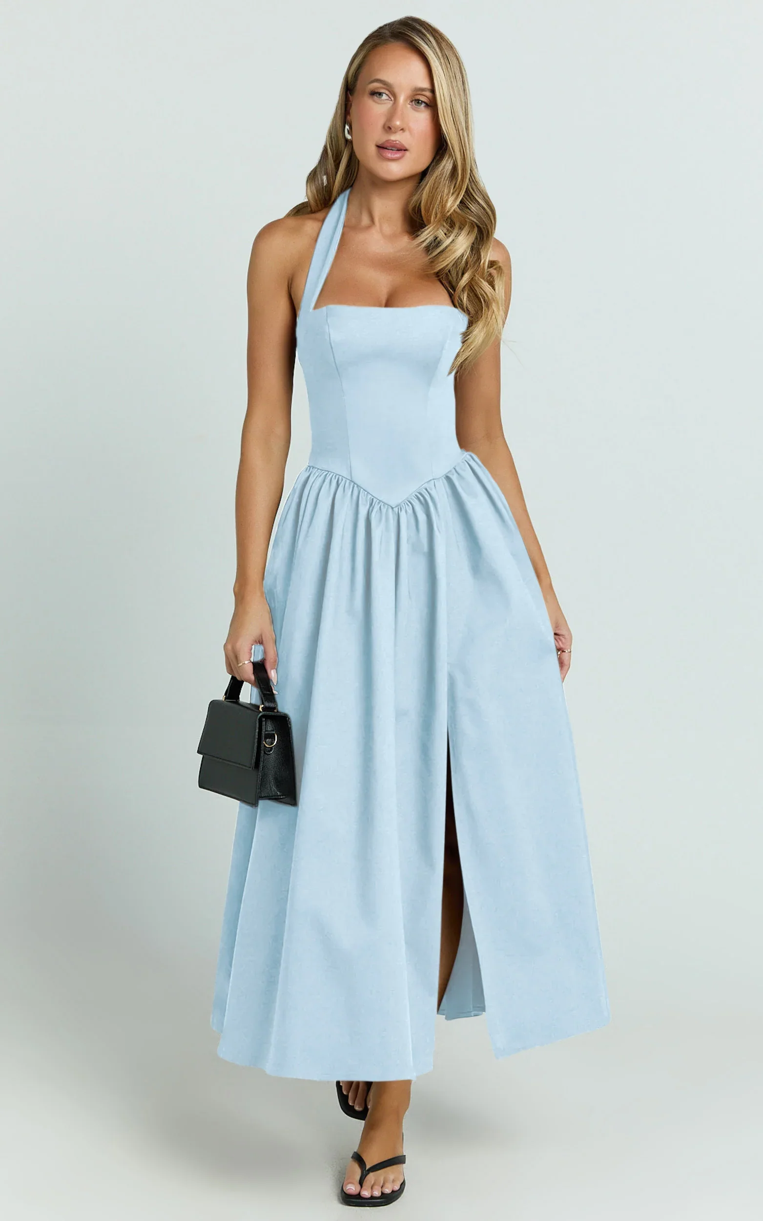 Helda Midi Dress - Halter Tie Neck Corset Panel Dress in Soft Blue