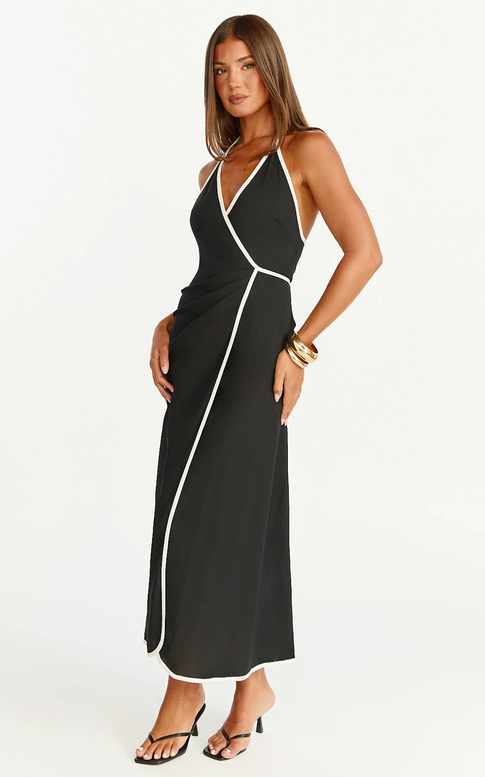 Aurora Midi Dress - Halter Neck Leg Split Wrap Dress in Black