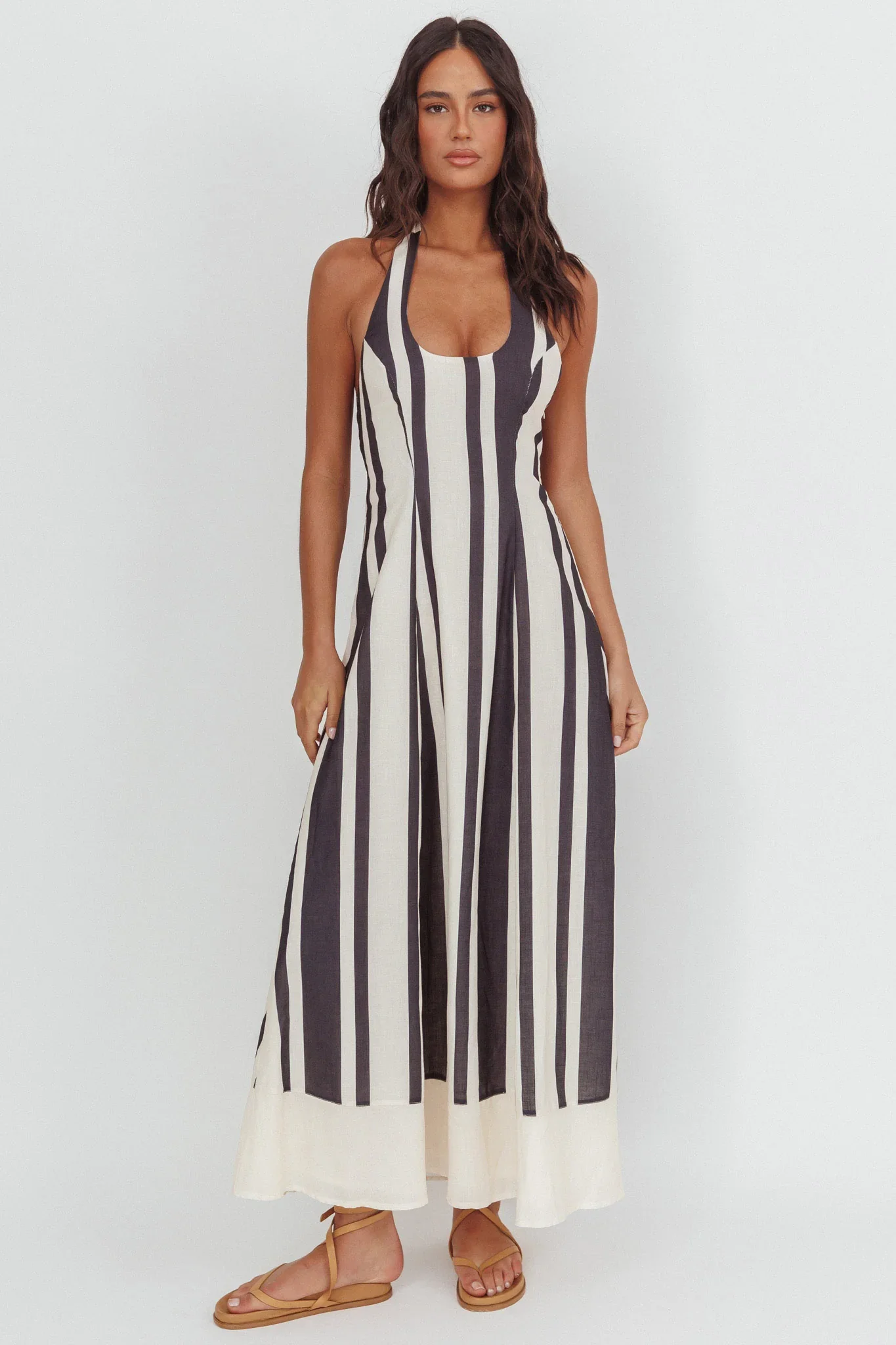 Florie Scoop Neck Halter Maxi Dress Stripe Black