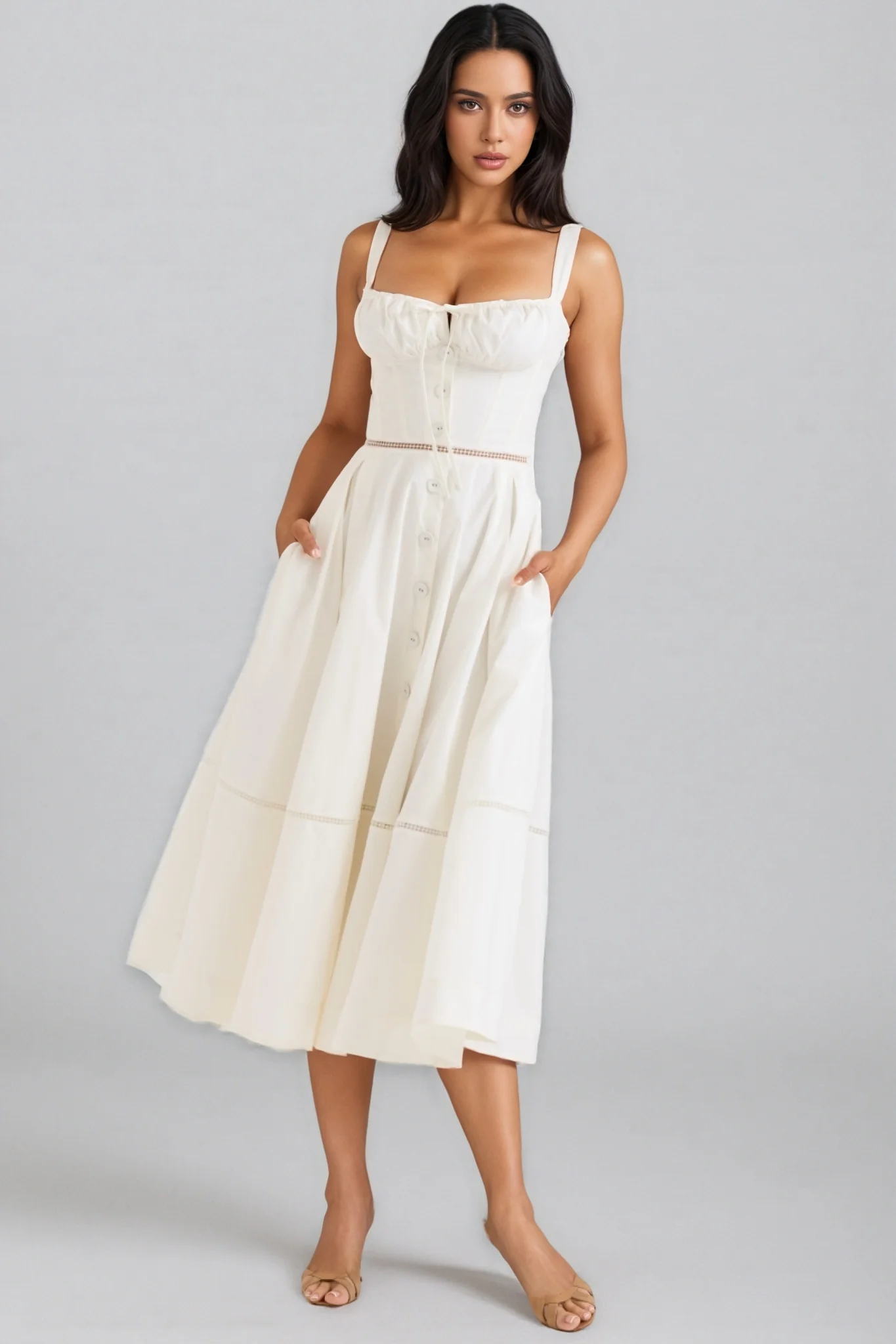 Kaelt White Cotton Button Front Midi Dress