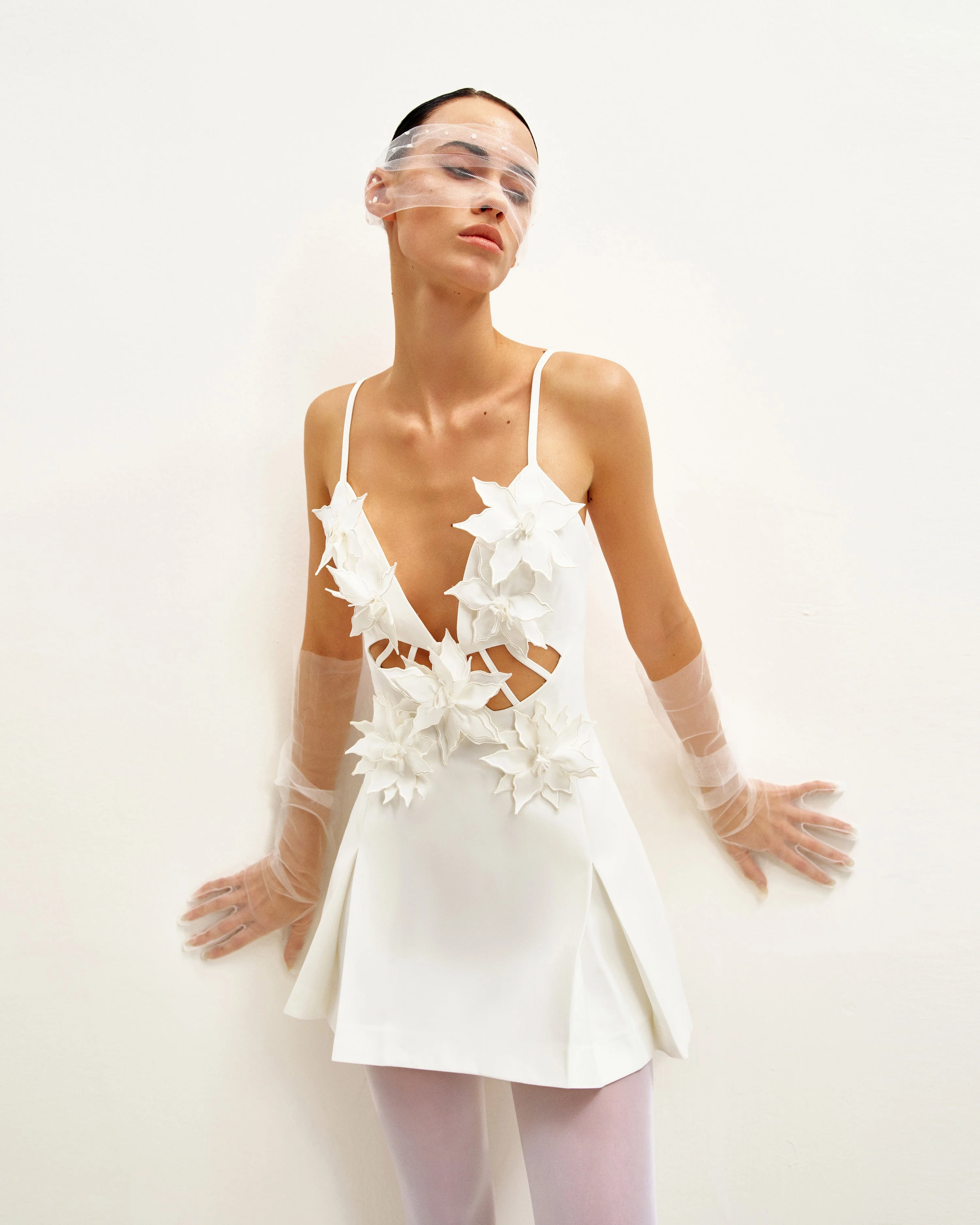 Yuliya White Floral Embellishment V-neckline Mini Dress - White