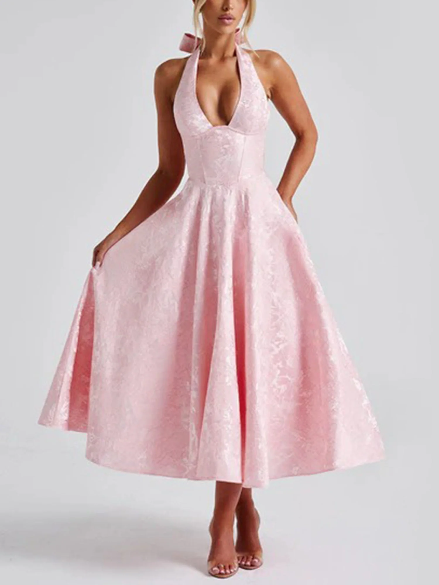 Pink Halter Flared Midi Dress