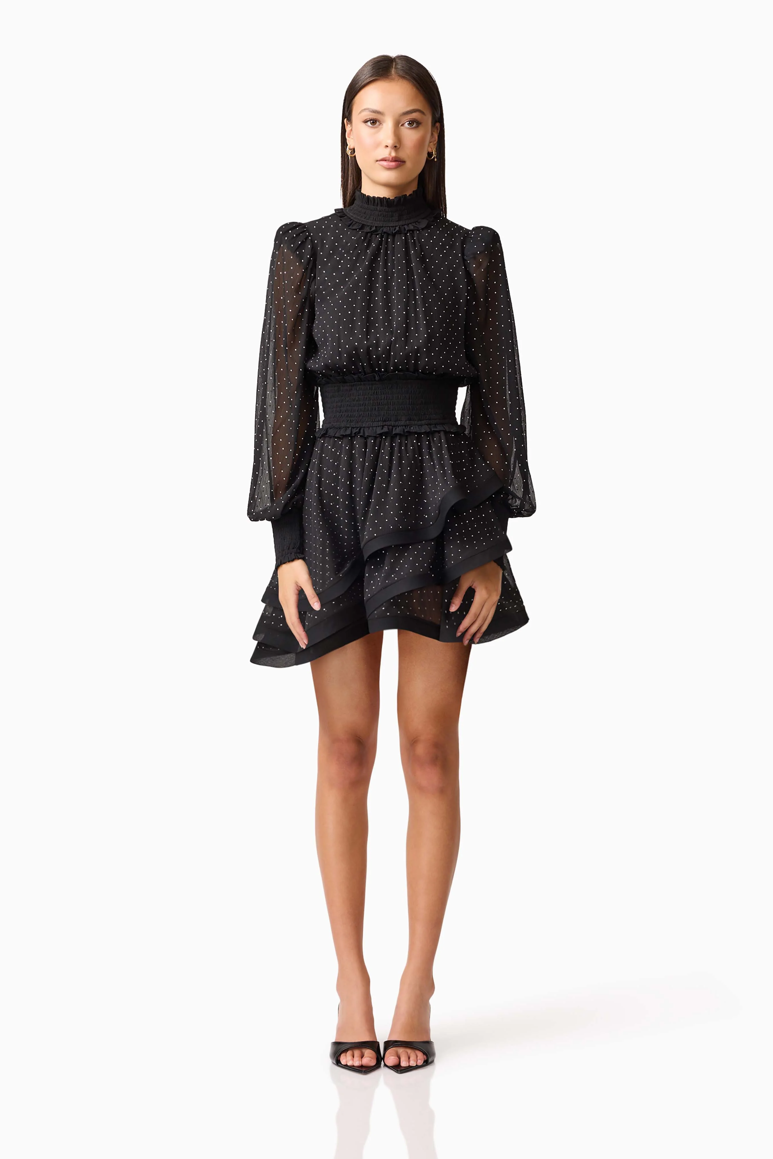 Moss Long Sleeve Embellished Mini Dress in Black