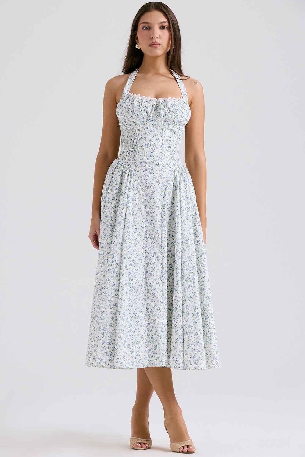 White Bluebell Print Cotton Halter Sundress