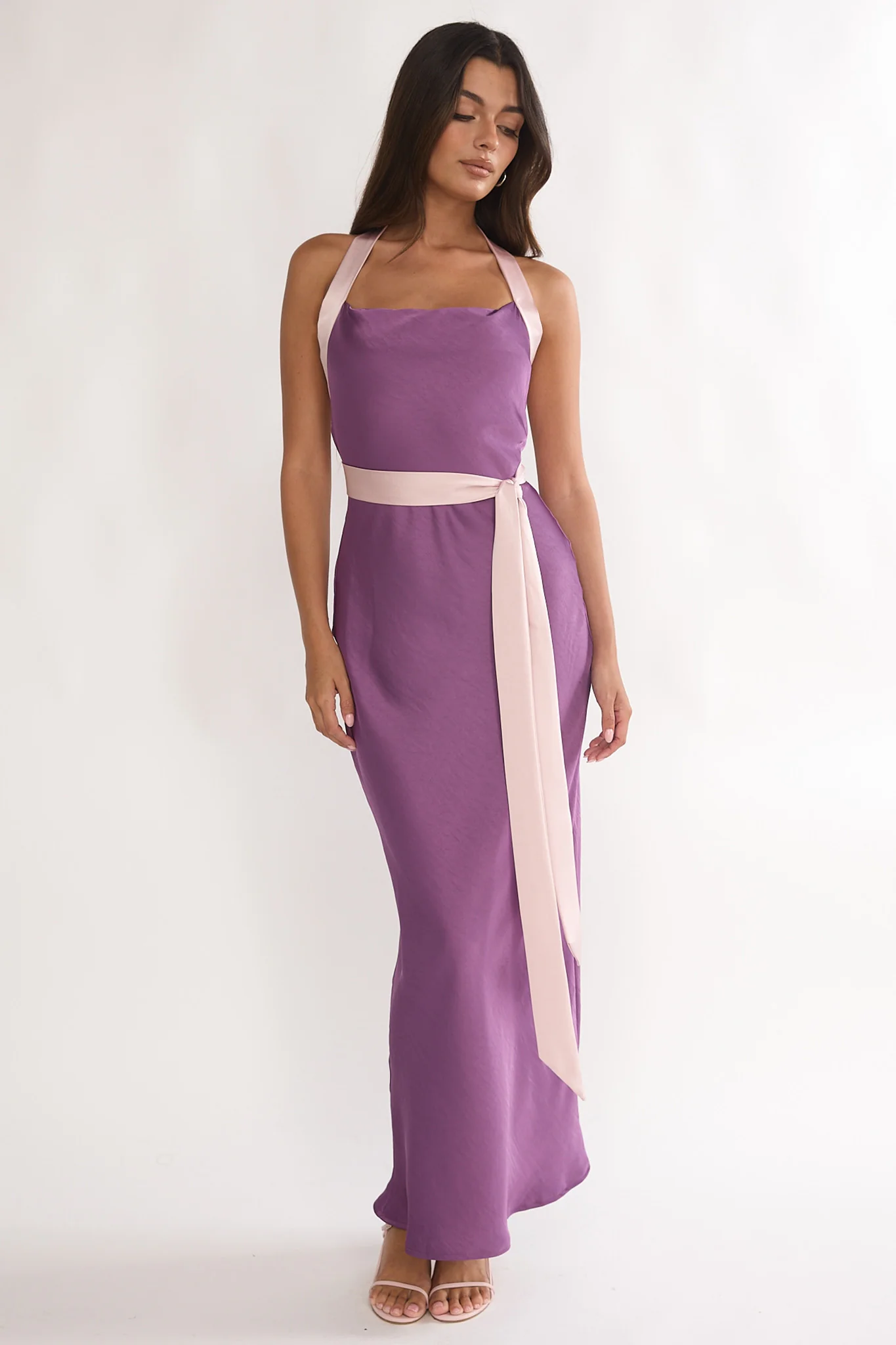 Elanah Waist Tie Halter Maxi Dress Grape - luluinthesky
