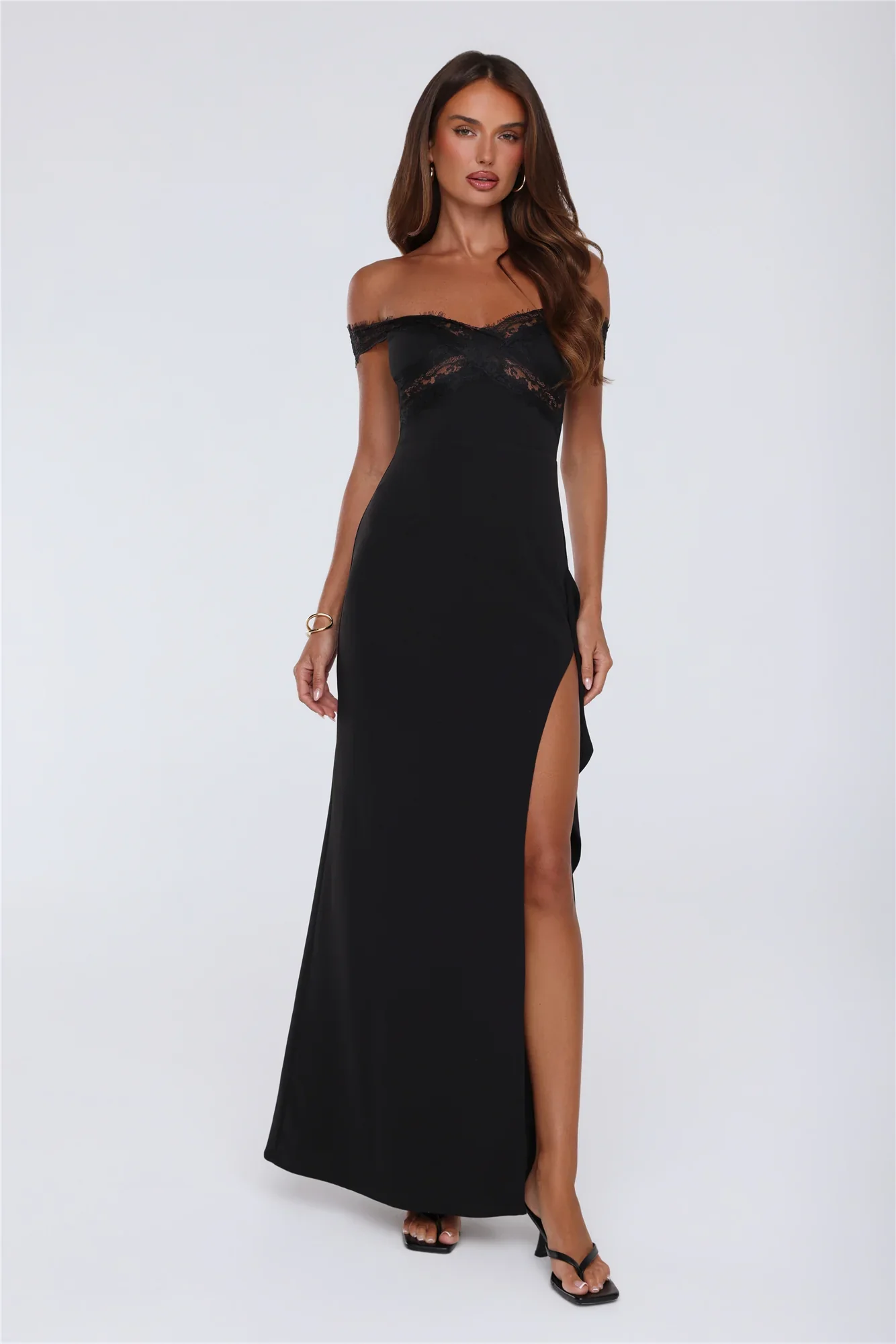 Ethereal Lace Off Shoulder Maxi Dress Black