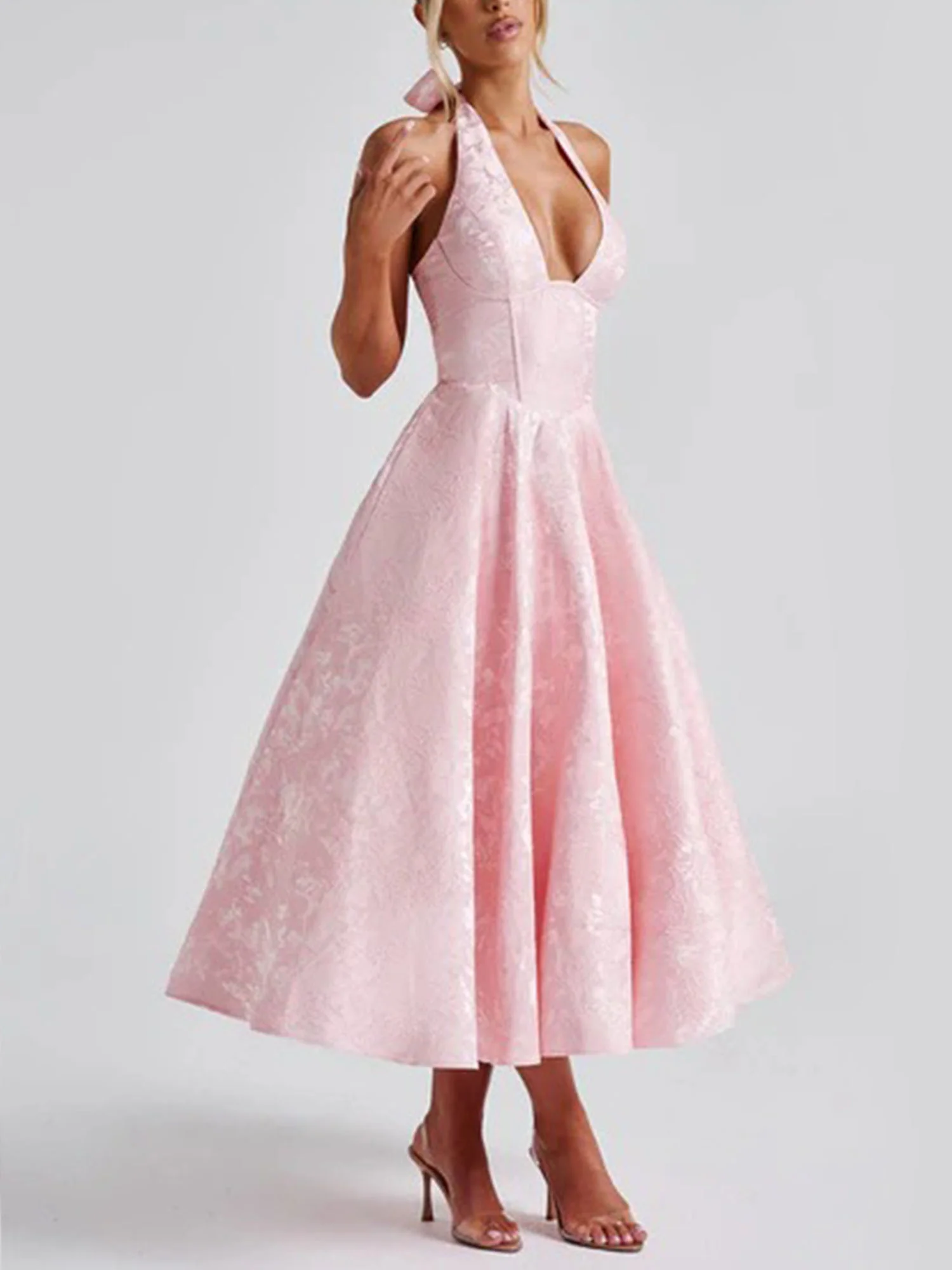 Pink Halter Flared Midi Dress