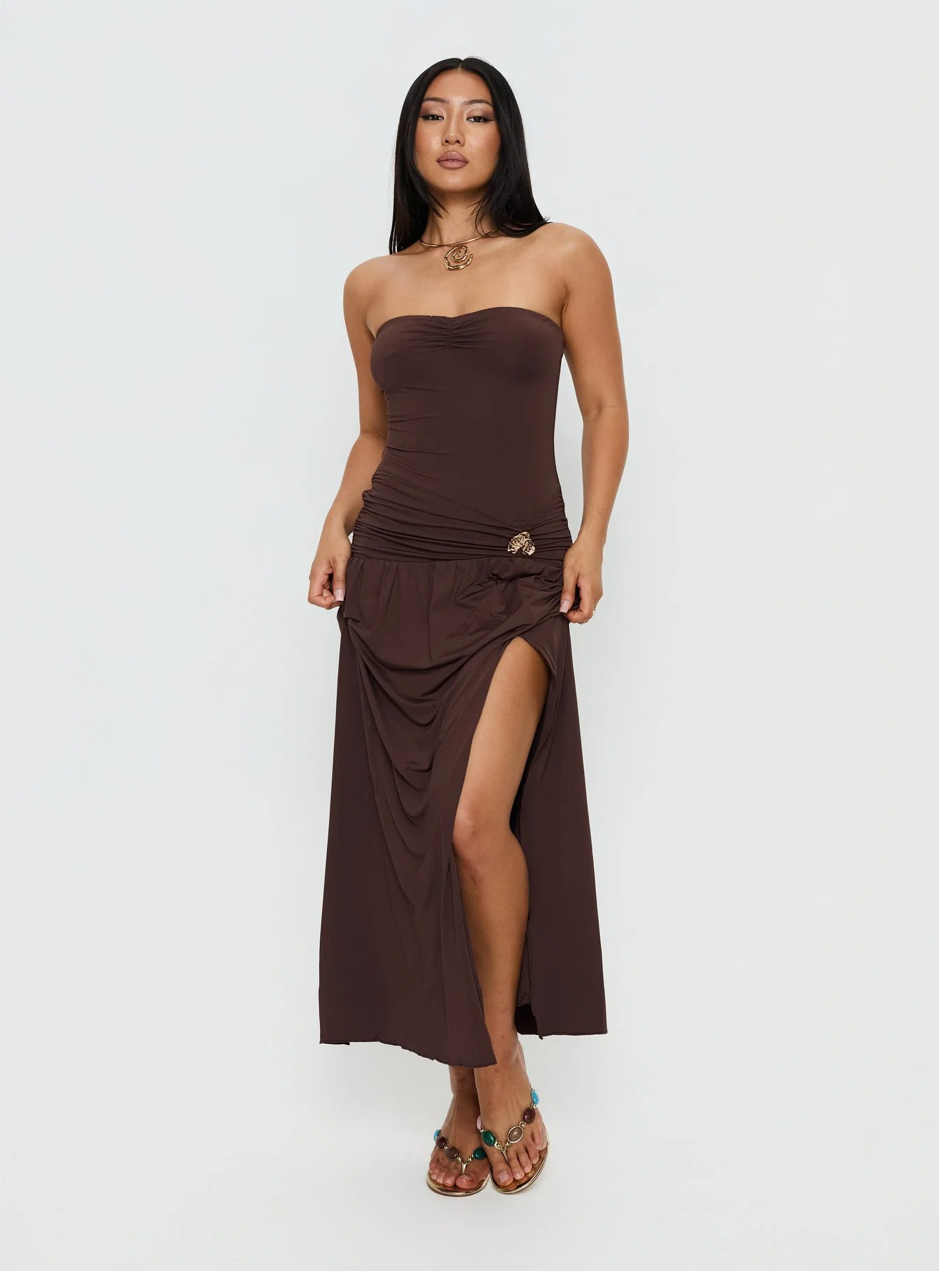 Alexe Strapless Ruched Maxi Dress Chocolate