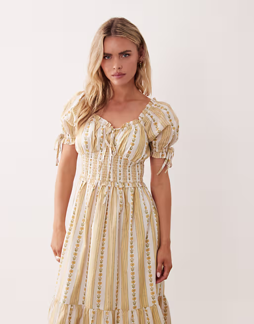 Miss Selfridge Petite milkmaid corset detail maxi dress in vintage wallpaper