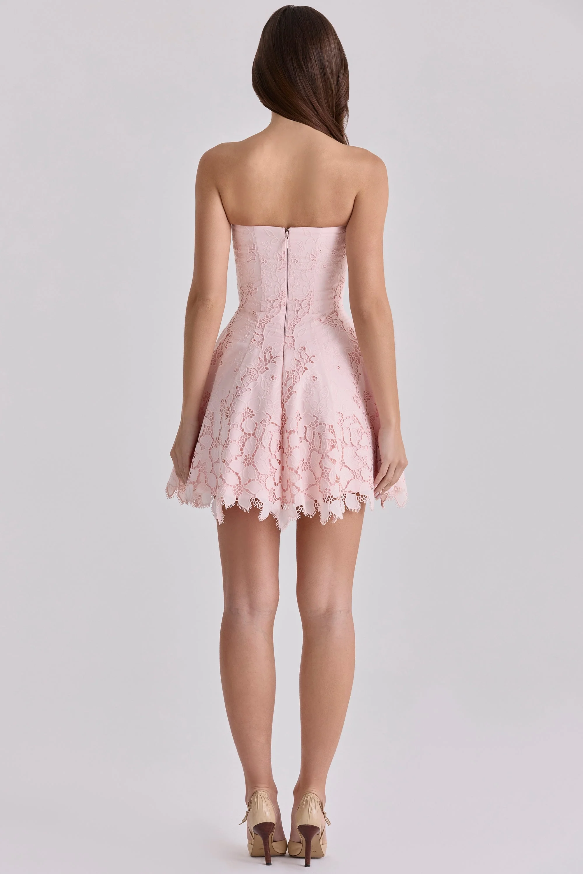 pink strapless cut out broderie anglaise mini dress