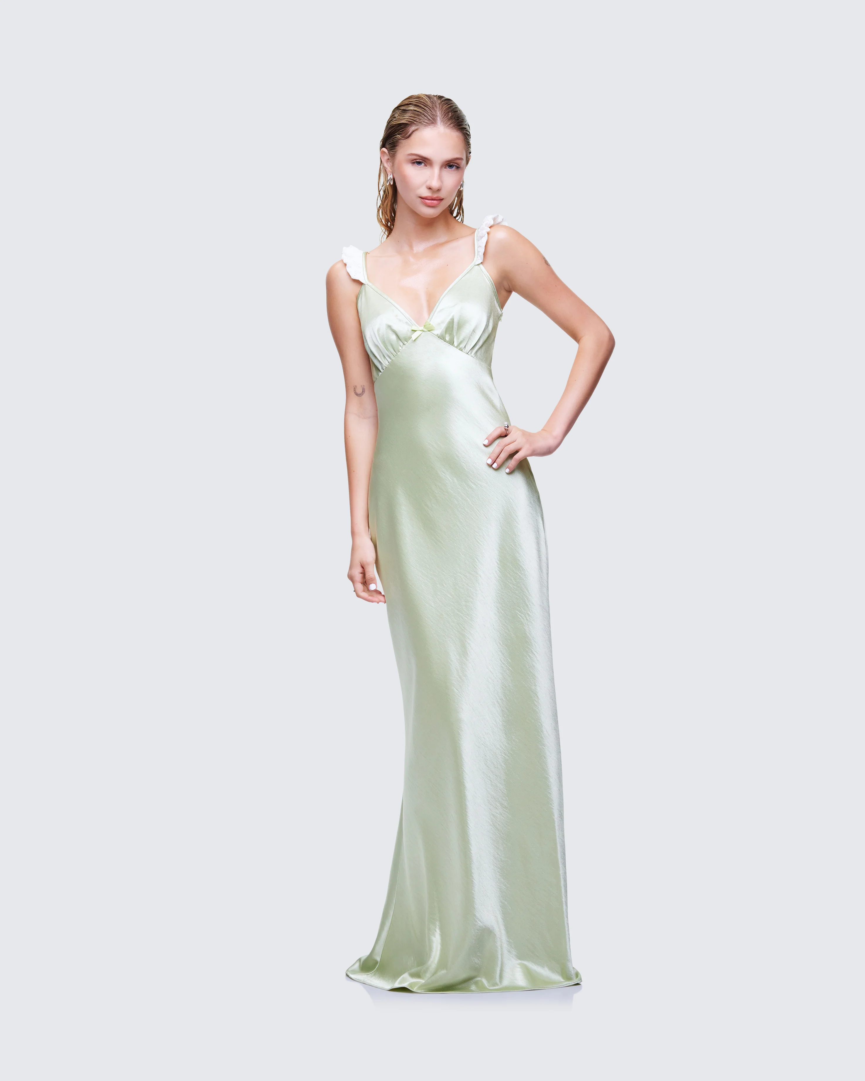 Halston Green Satin Maxi Dress