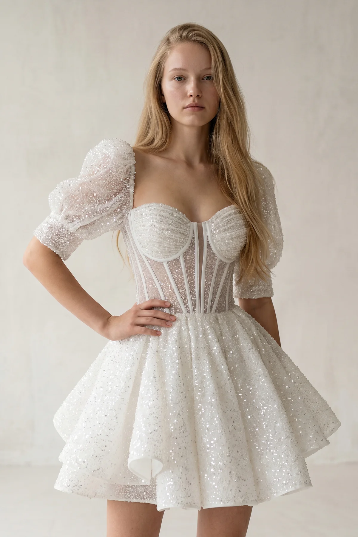 Sweetheart White Sequin Short Homecoming Dress With Puff Sleeves