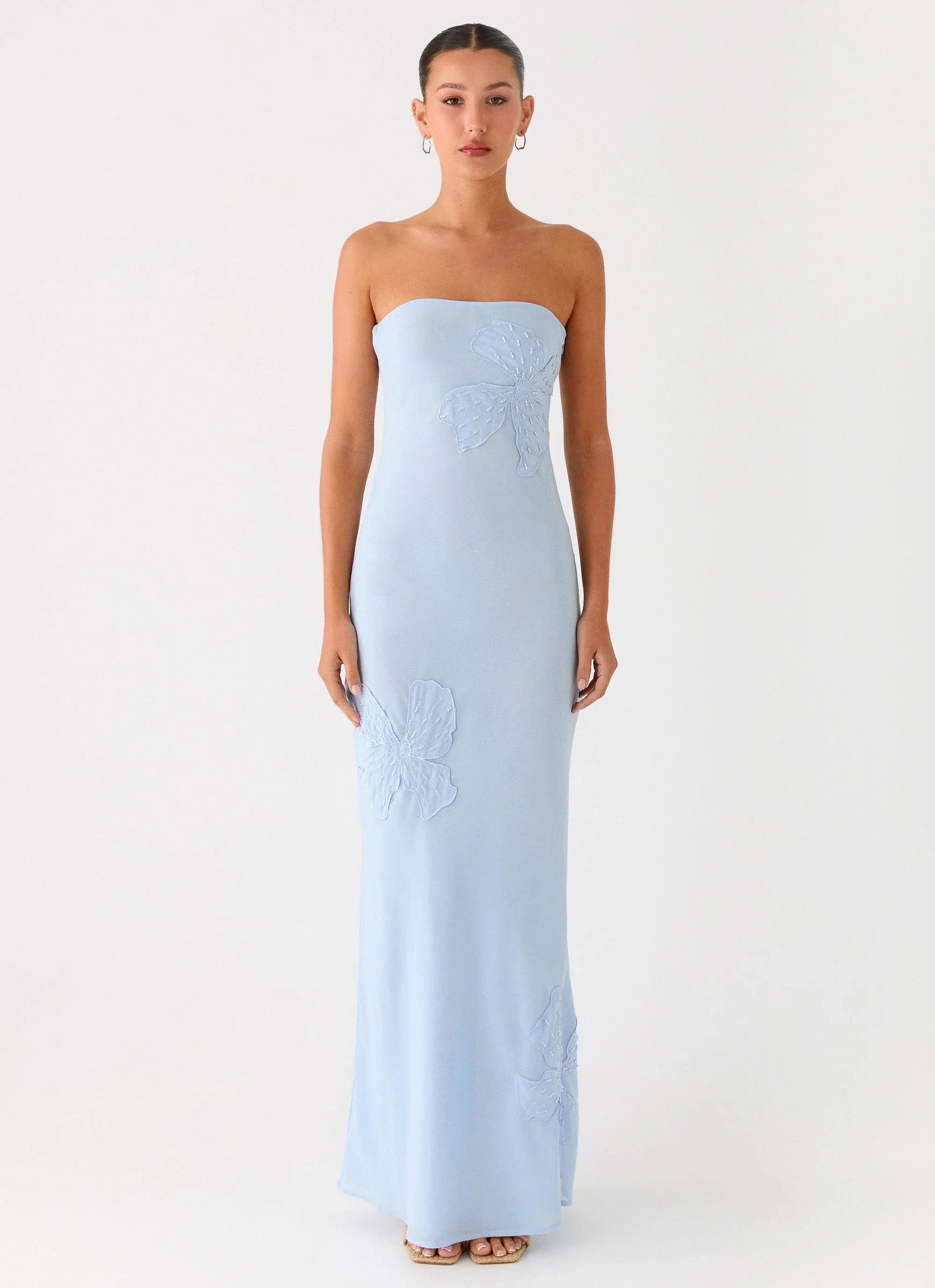 Sassafras Beaded Flower Strapless Maxi Dress - Blue