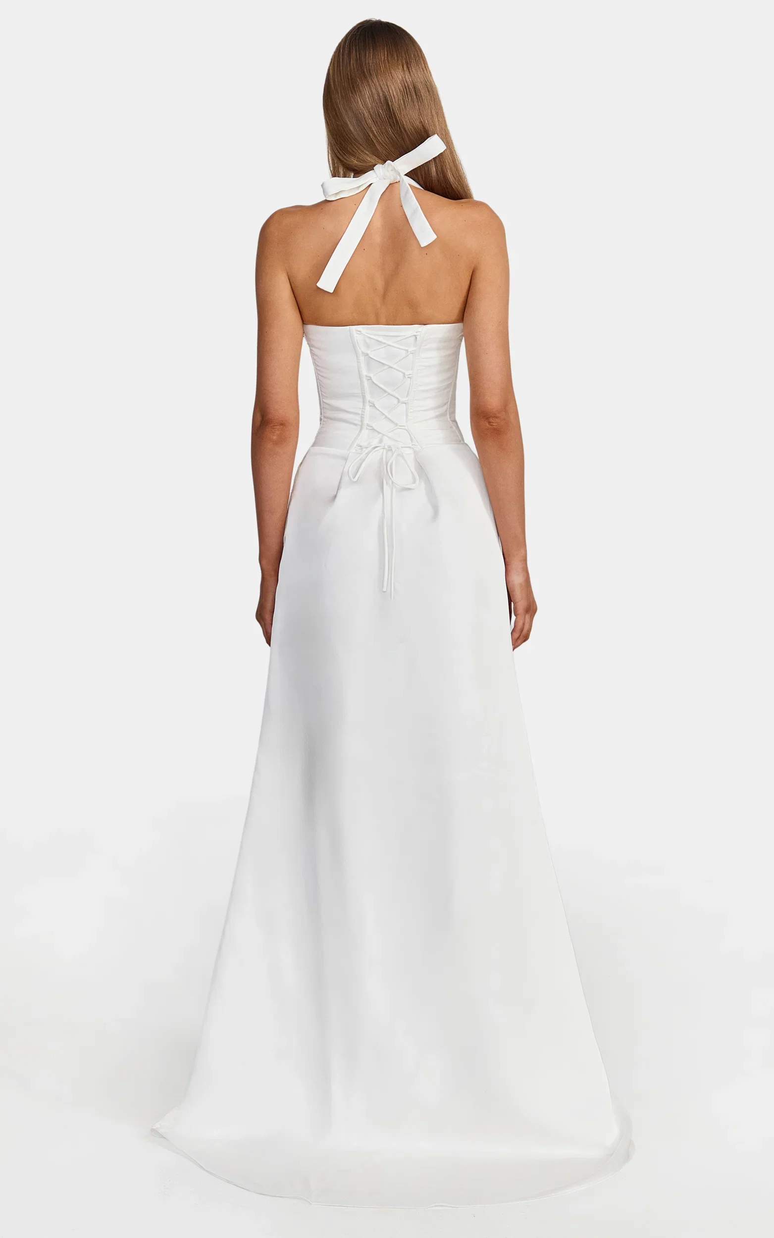 Amber Maxi Dress - Corset Bodice Draped Skirt Halter Dress in White