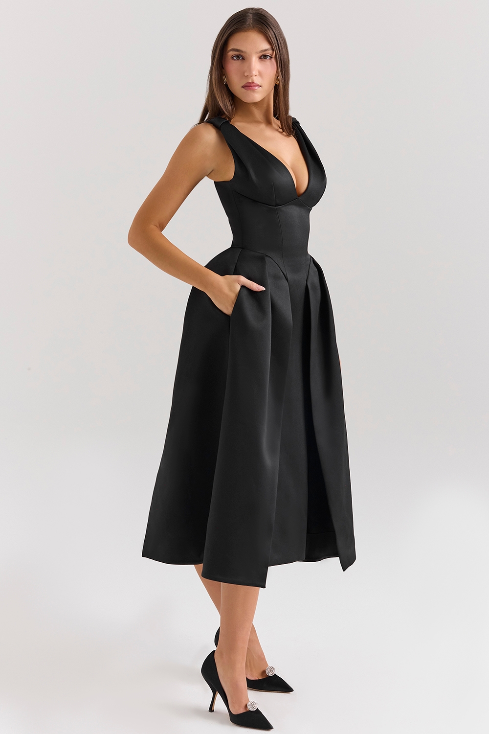 black satin twist strap midi dress - sale