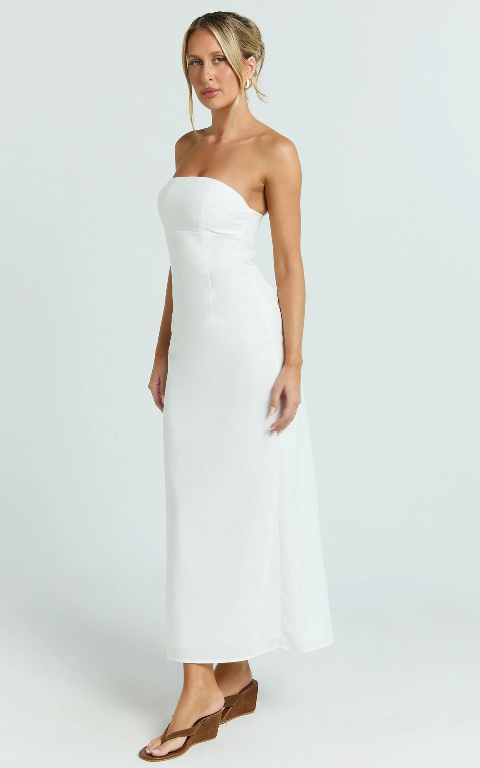 Genni Midi Dress - Strapless A Line Linen Blend Dress in White