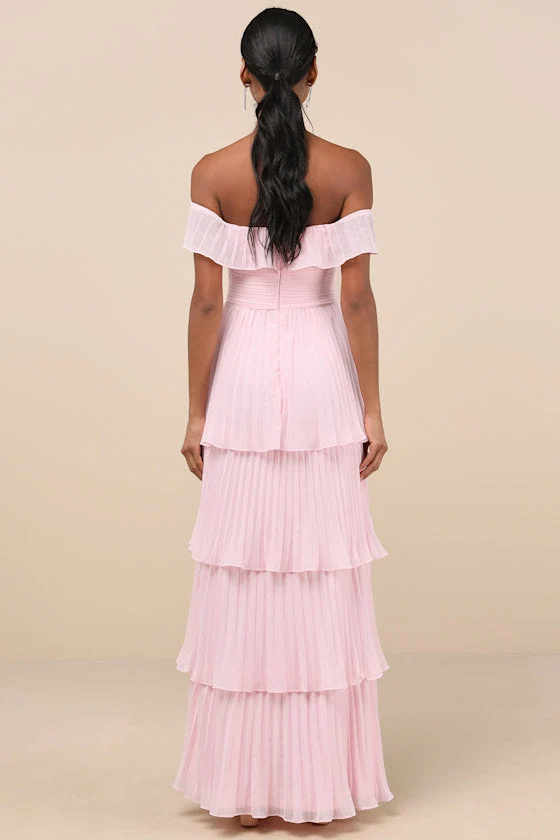Always Remarkable Pink Pleated Off-the-Shoulder Maxi Dress - luluinthesky