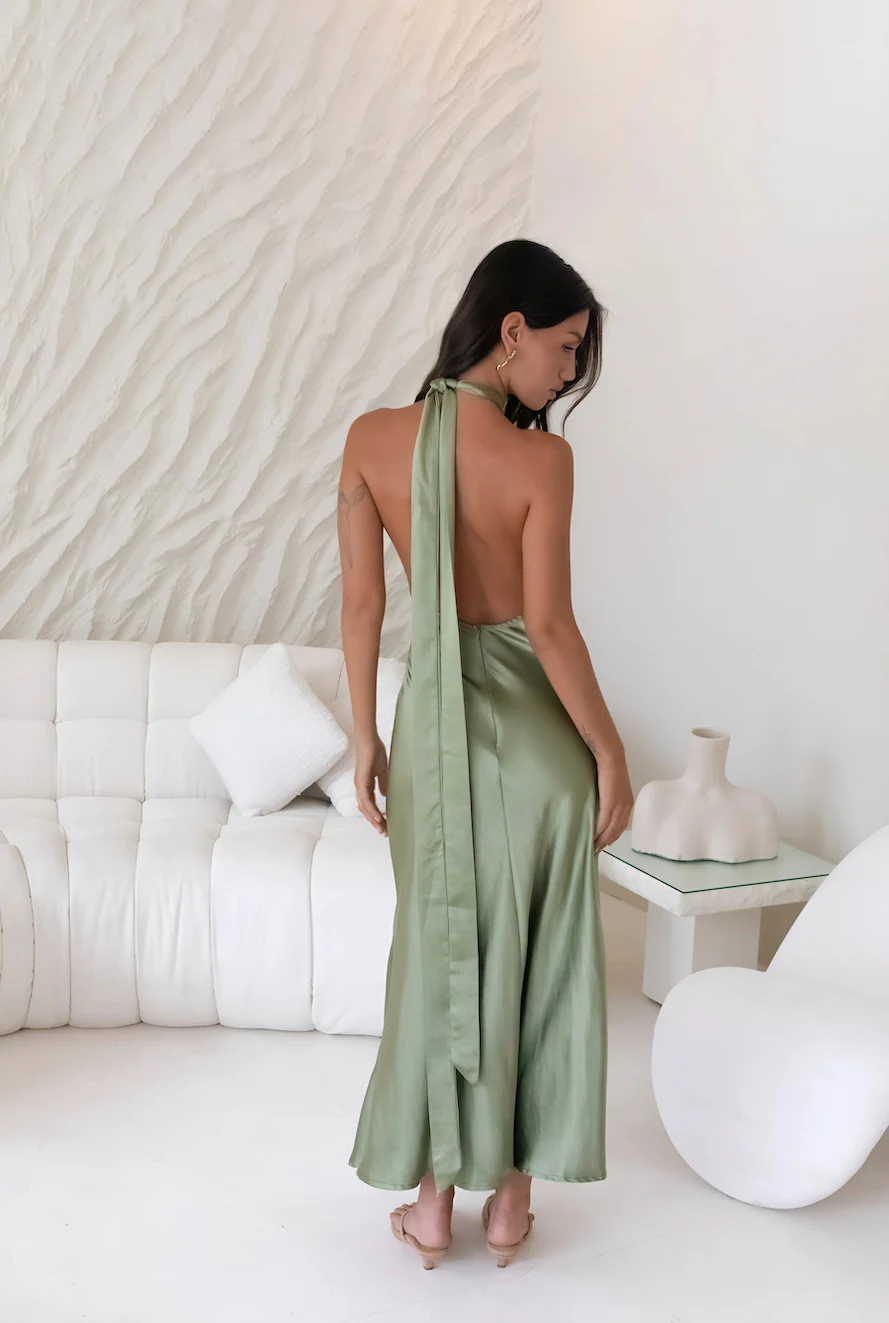 In My Feelings Satin Maxi Dress Olive
