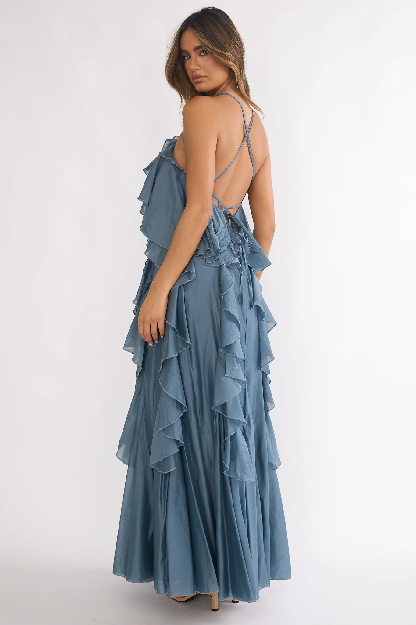 Oceara Ruffle Trim Spaghetti Strap Maxi Dress Slate Blue - luluinthesky